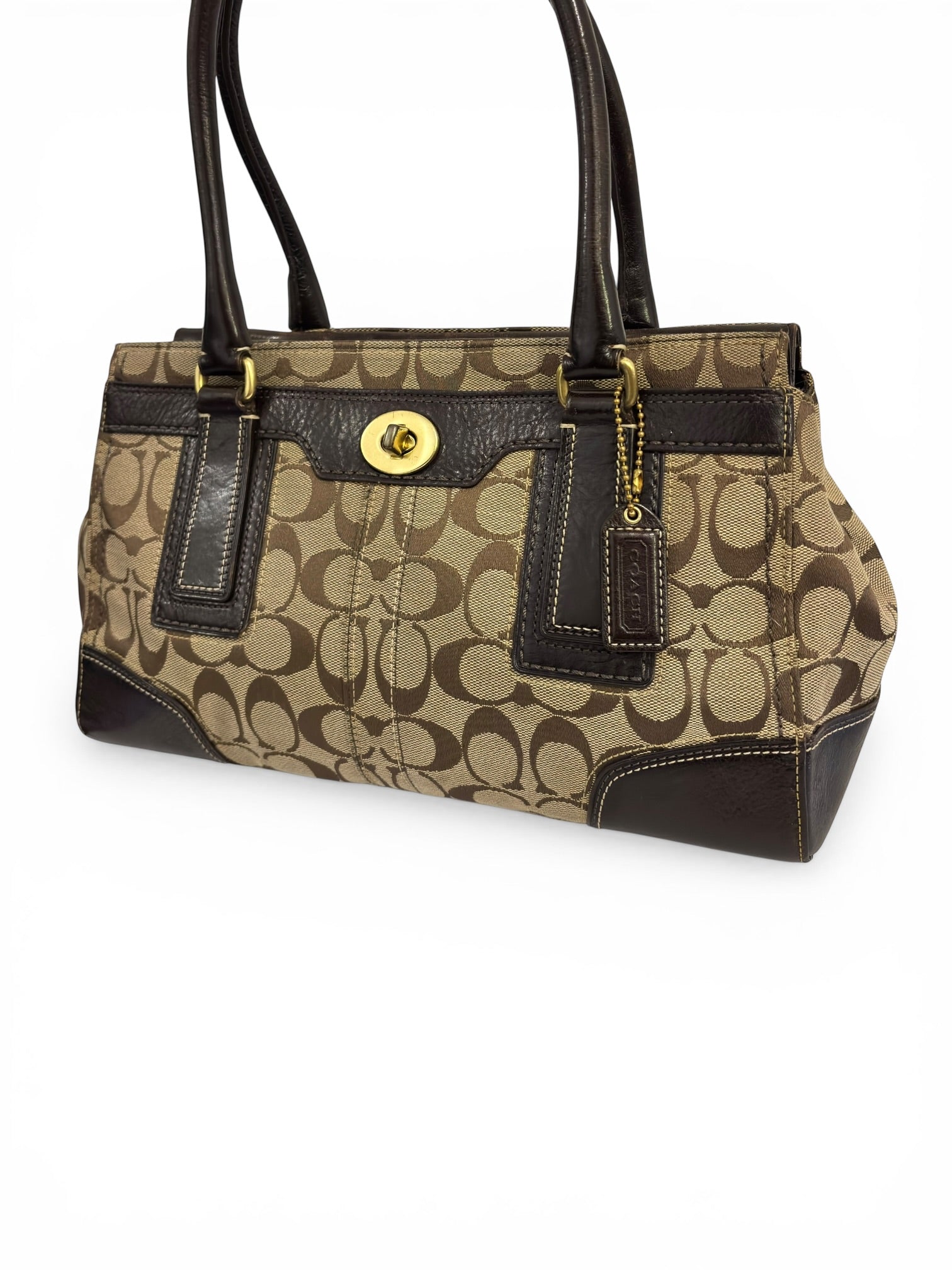 Coach Hamptons Brown Signature Turnlock Canvas & Leather Vintage Tote Shoulder Bag