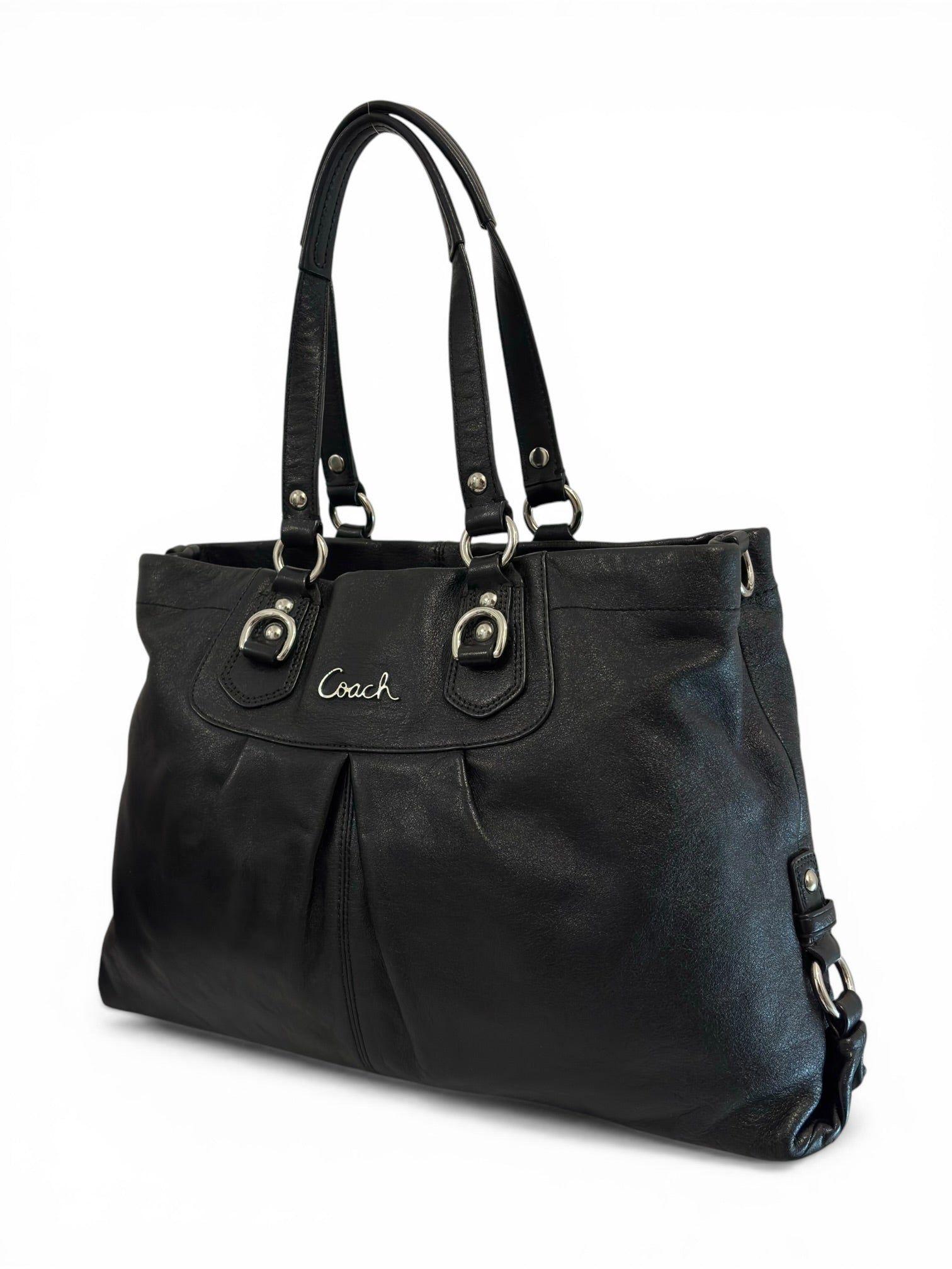 Coach Black Soft Pebbled Leather Ashley Pleated
Shoulder Bag