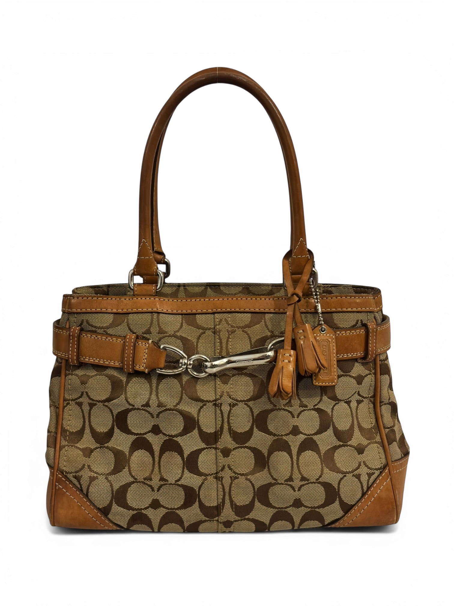 Coach Brown Hampton Clip Signature Canvas & Leather Vintage Tassle Tote Shoulder Bag