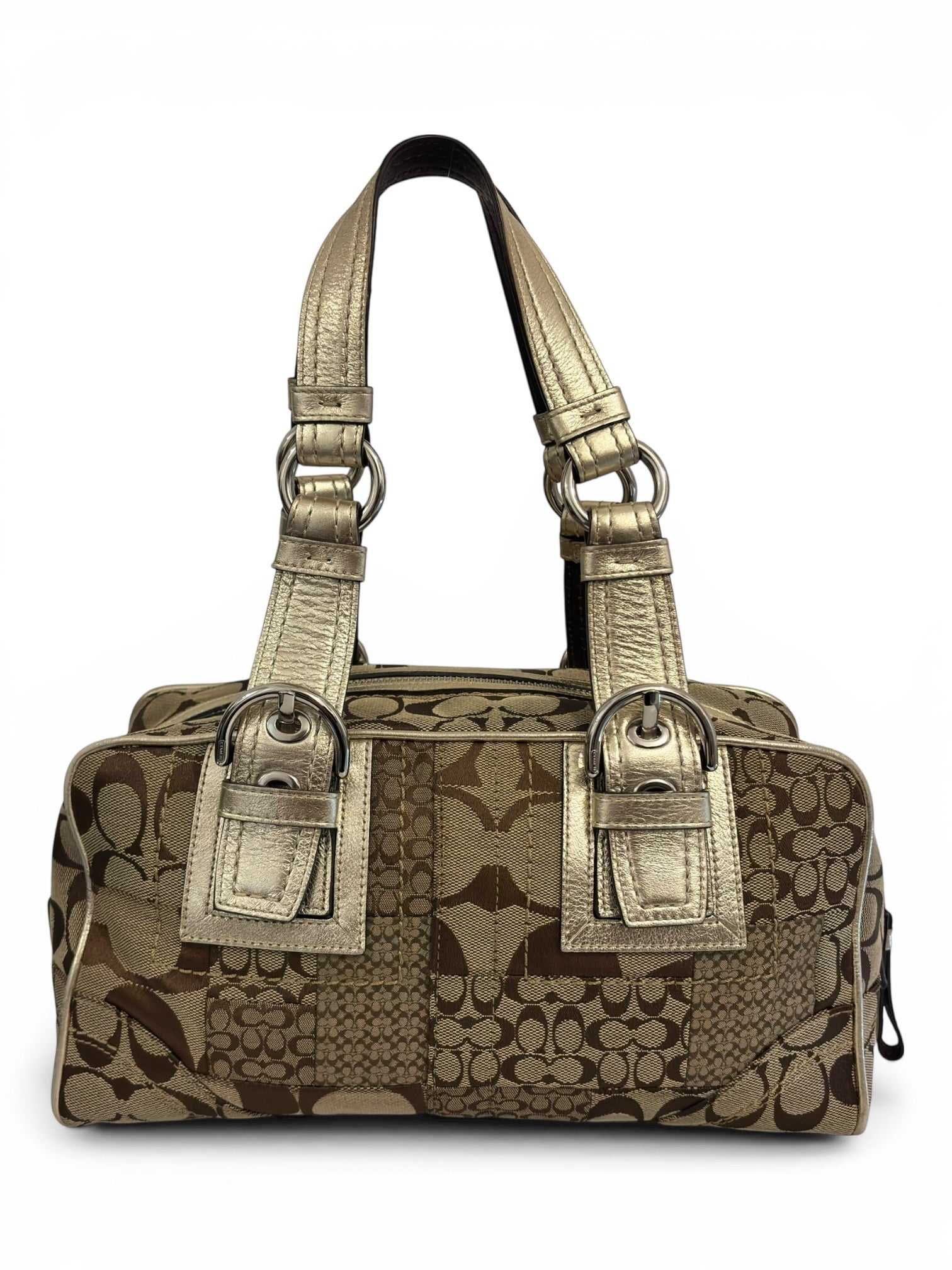 Coach Patchwork Brown & Gold Canvas Metallic Leather Boston Shoulder Bag