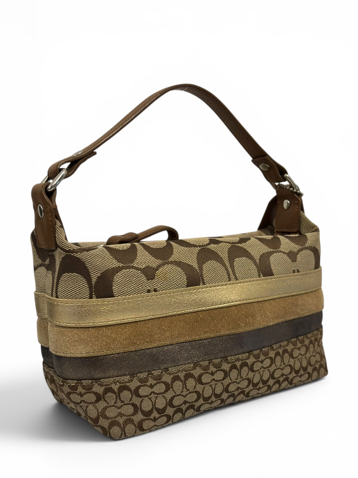 Coach Rare Mini Signature Striped Patchwork Tan Brown Beige Canvas Leather & Suede Vintage
Handbag
