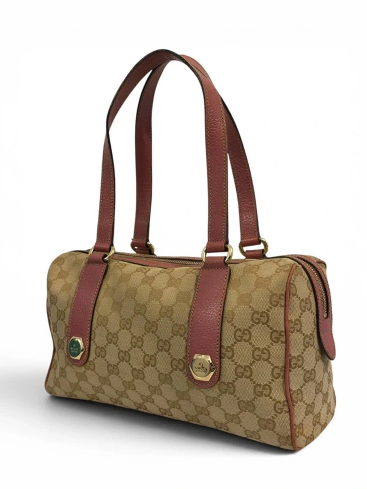 Gucci GG Brown / Beige & Pink Charmy Boston Canvas & Leather Vintage Shoulder Bag