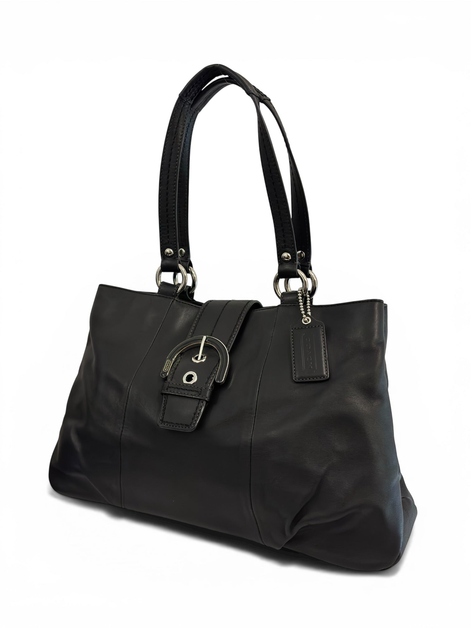 Coach Soho Black Leather Buckle East West Tote Shoulder Bag