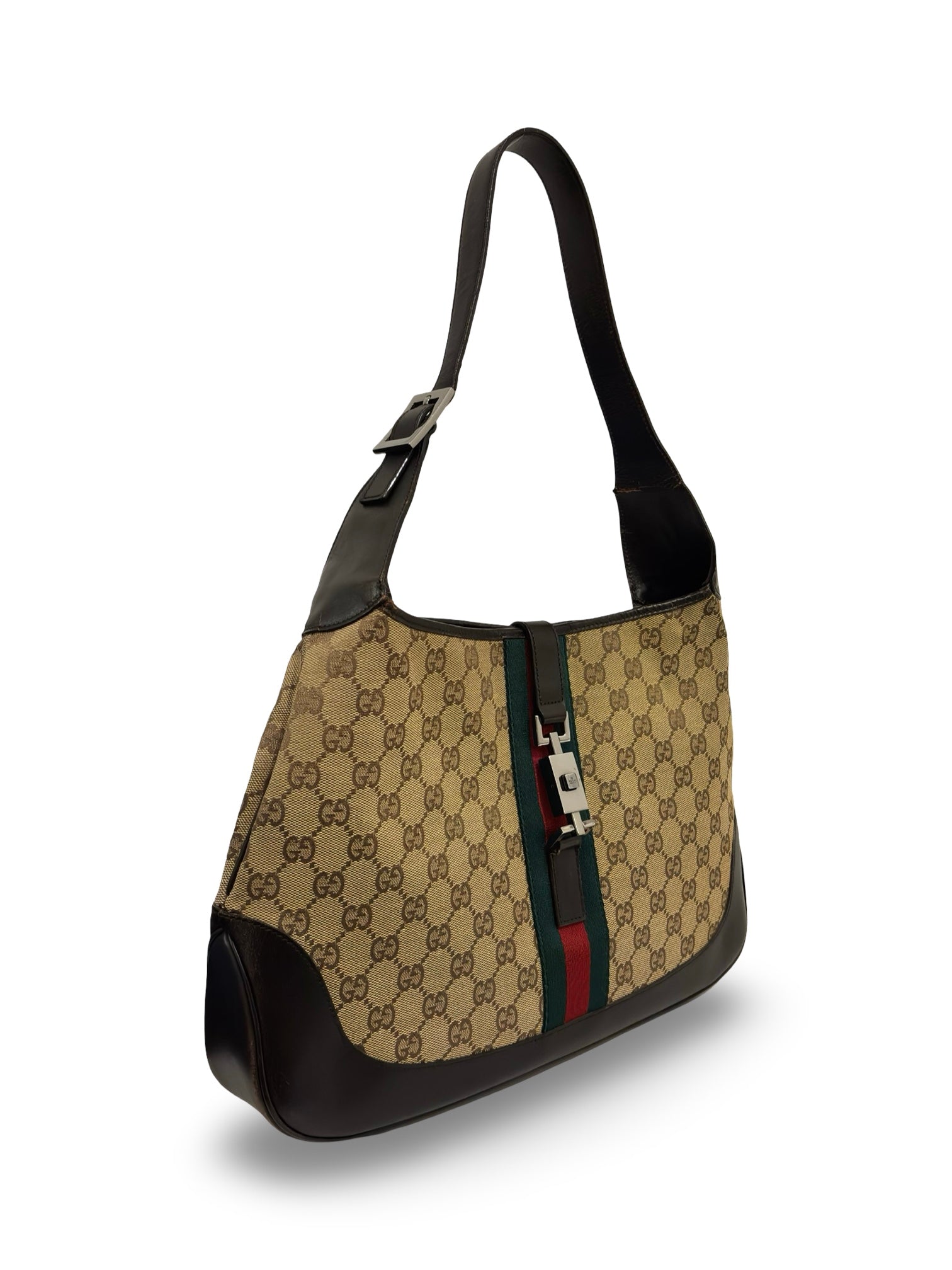 Gucci Jackie Canvas & Leather Brown Green Signature Stripe Vintage Hobo Shoulder Bag