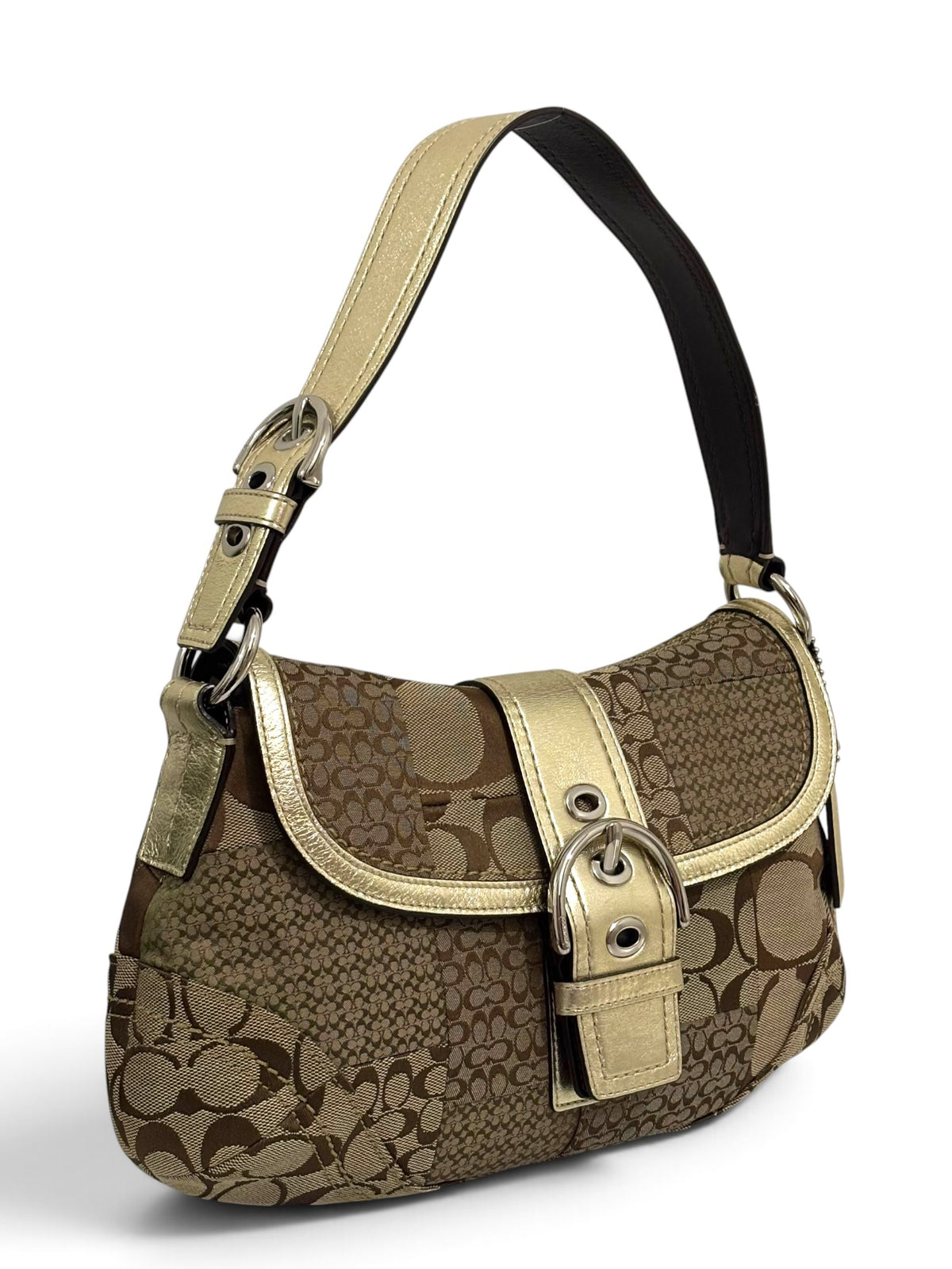 Vintage Coach Soho Bag F12316 Patchwork Signature Hobo In Brown & Gold