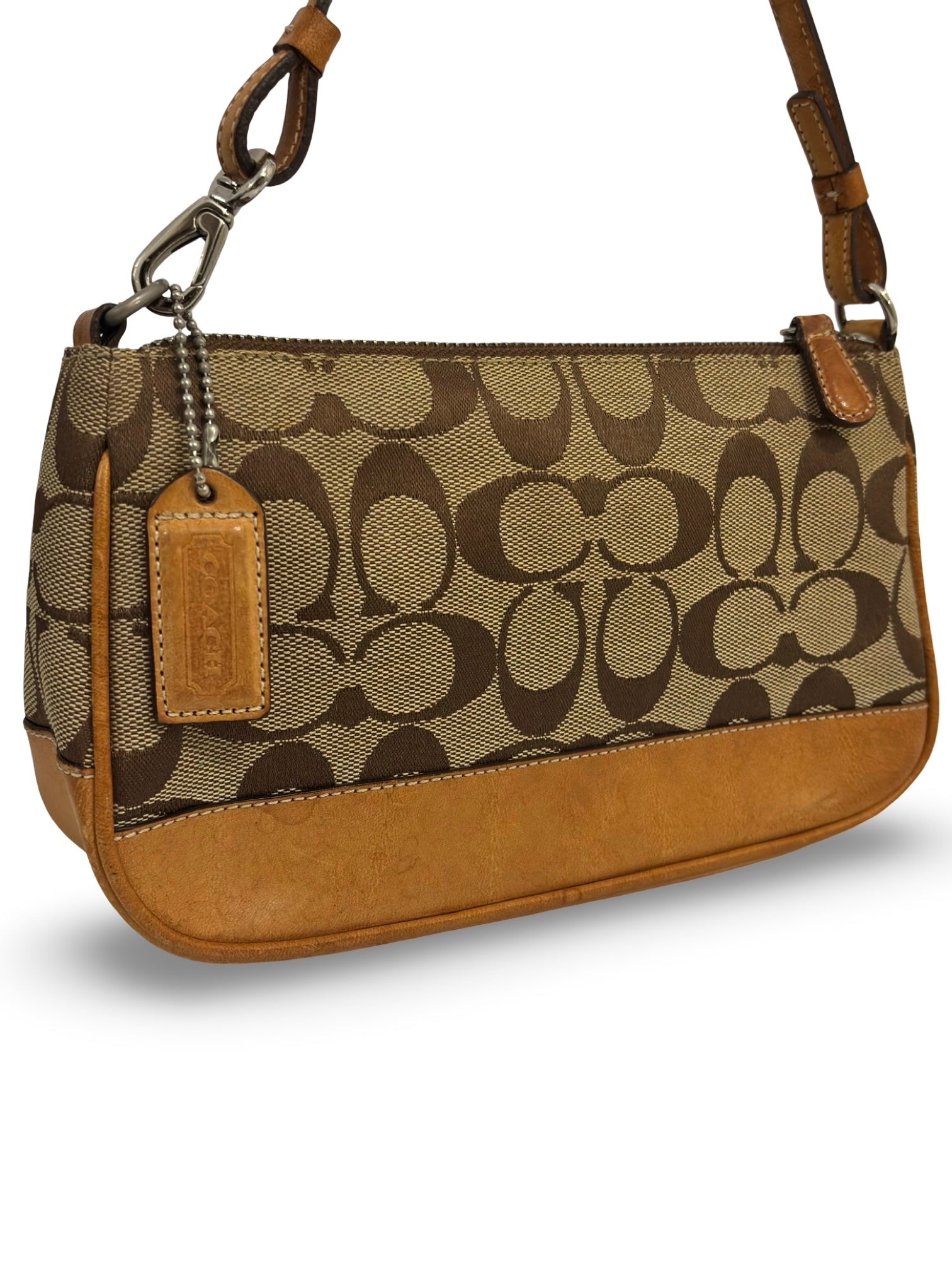 Coach Brown Mini ‘Demi’ Signature Canvas & Leather Pochette Vintage Shoulder Bag