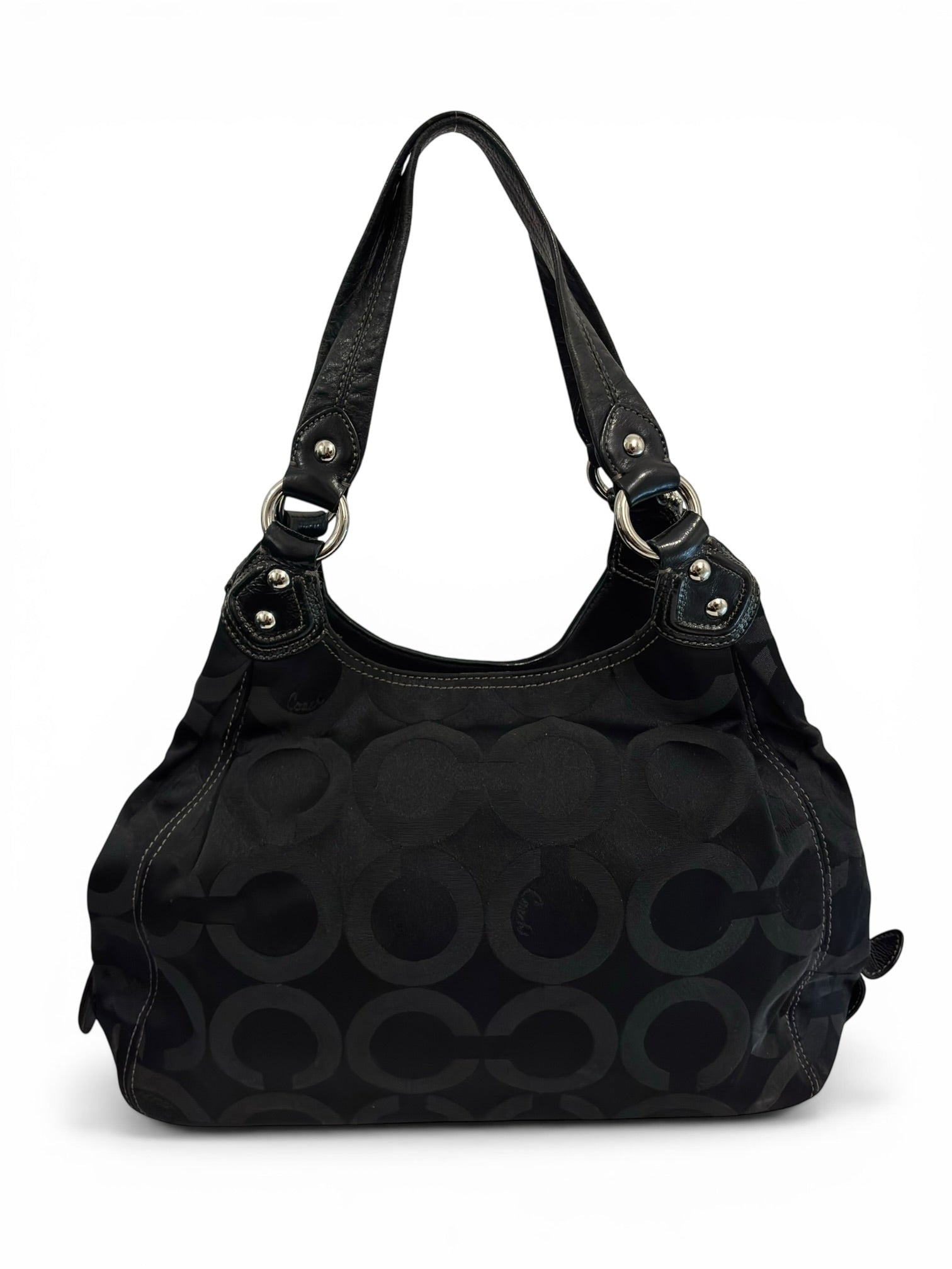 Coach Black Madison Maggie OP Art Canvas Satin & Leather Signature Shoulder Bag