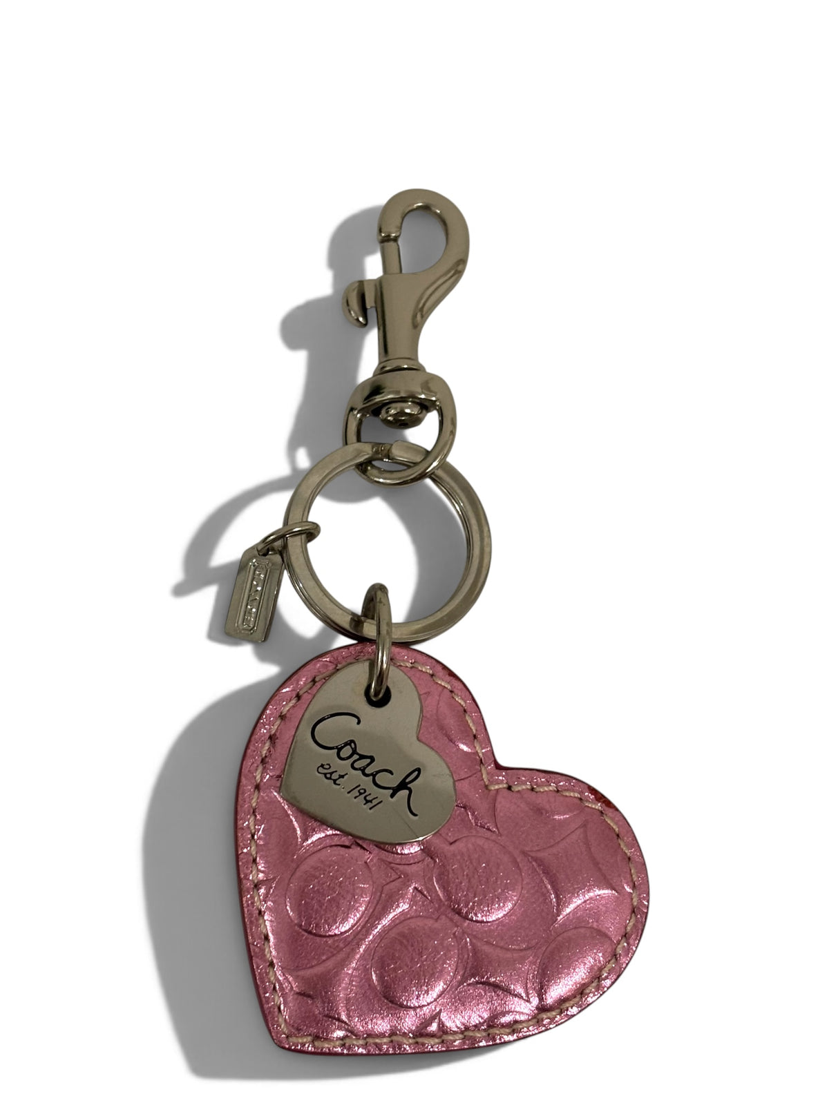 Pre-Owned Coach Heart Bag Charm Keyring In Metallic Pink Leather