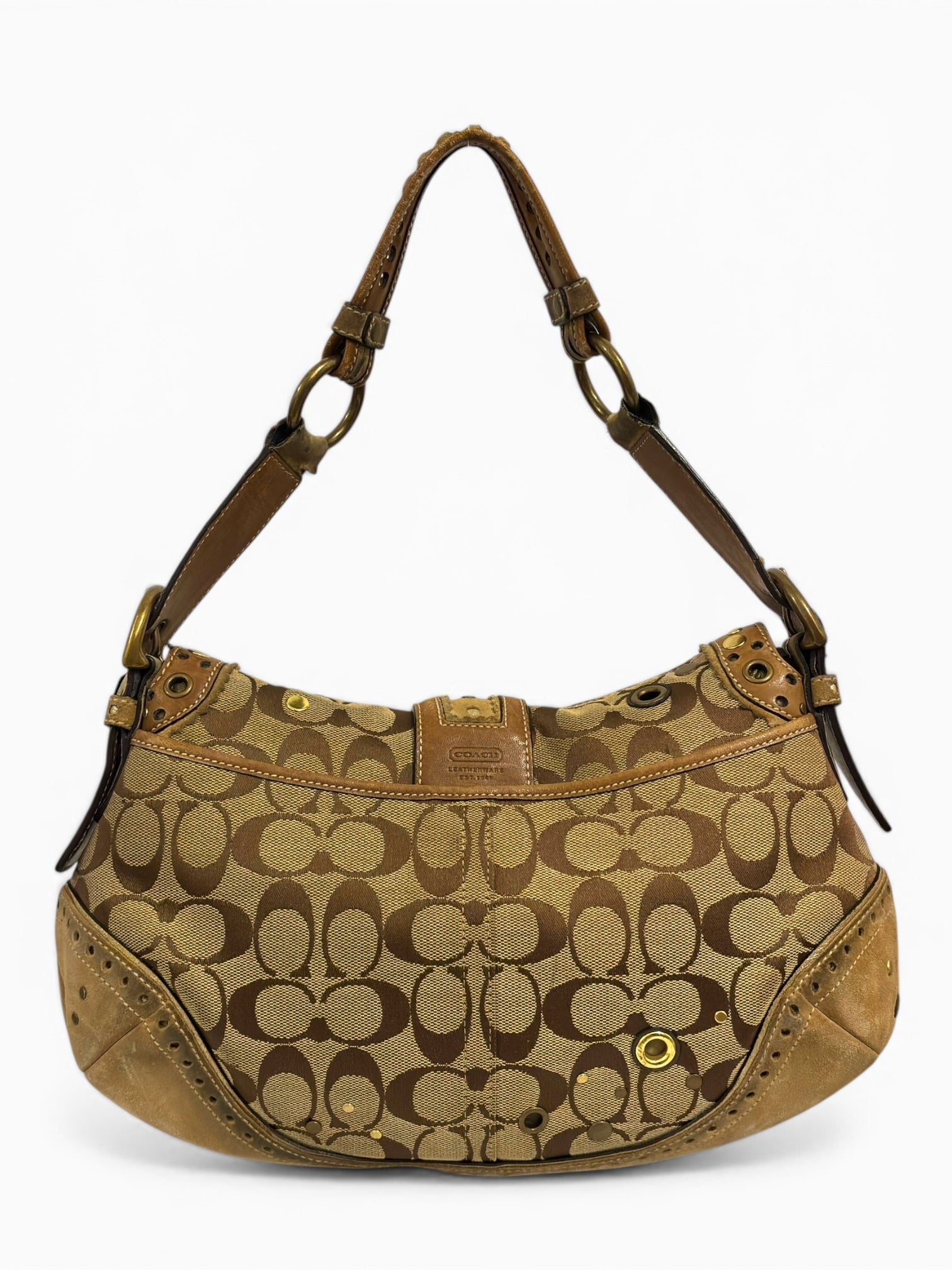 Coach Rare Soho Brown Beige Signature Studded Suede & Leather Rivet Hobo Shoulder Bag