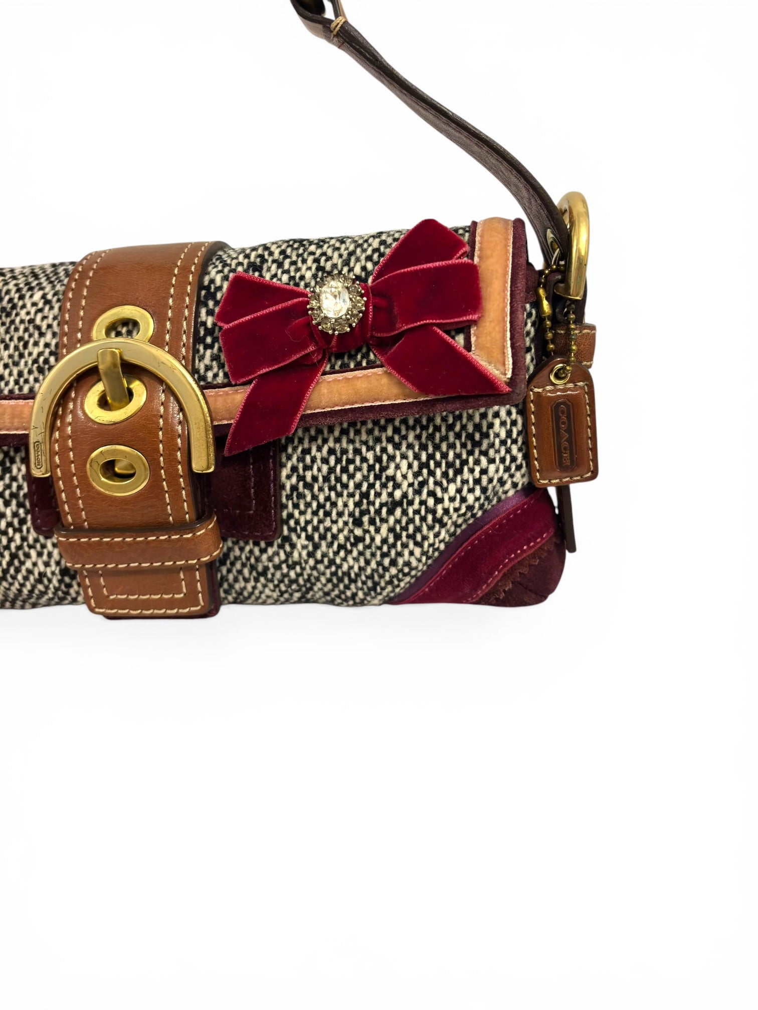 Coach Rare Soho Demi Grey Tweed Brown Leather & Burgundy Suede Shoulder Bag