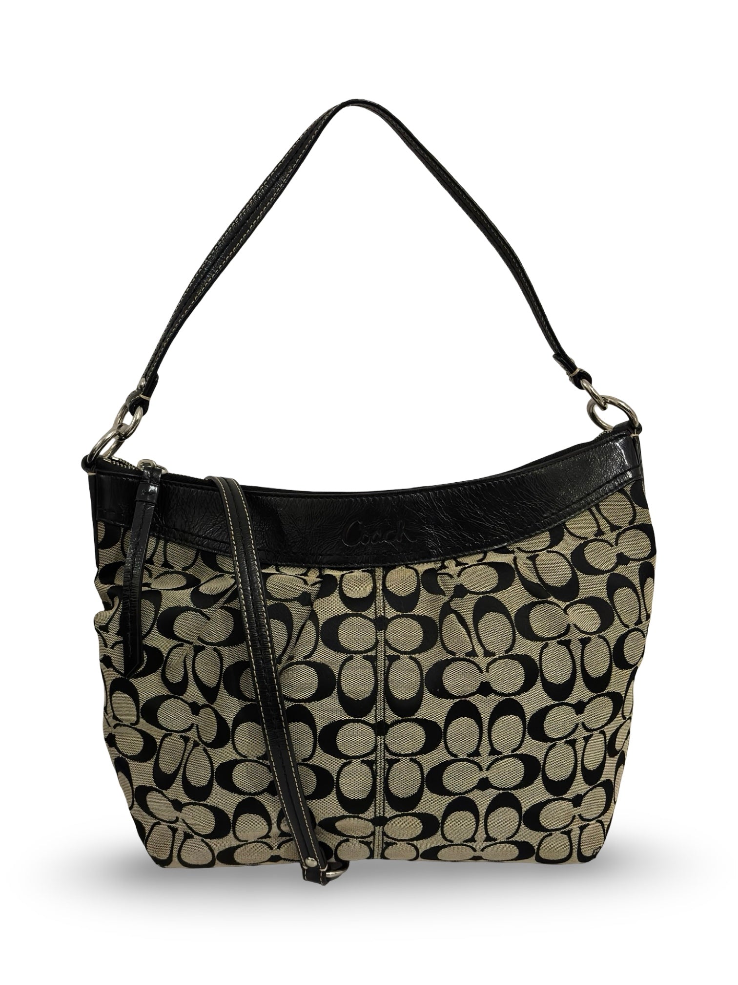 Coach Black & Grey Signature Canvas & Patent Leather Vintage Shoulder Bag