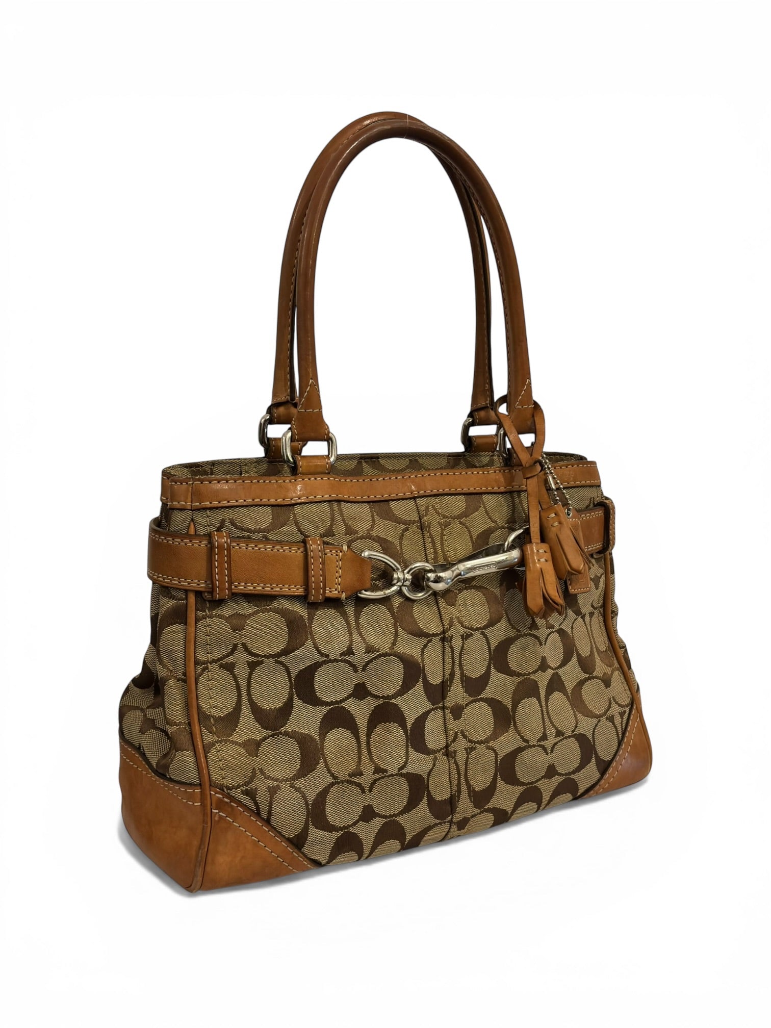 Coach Brown Hampton Clip Signature Canvas & Leather Vintage Tassle Tote Shoulder Bag