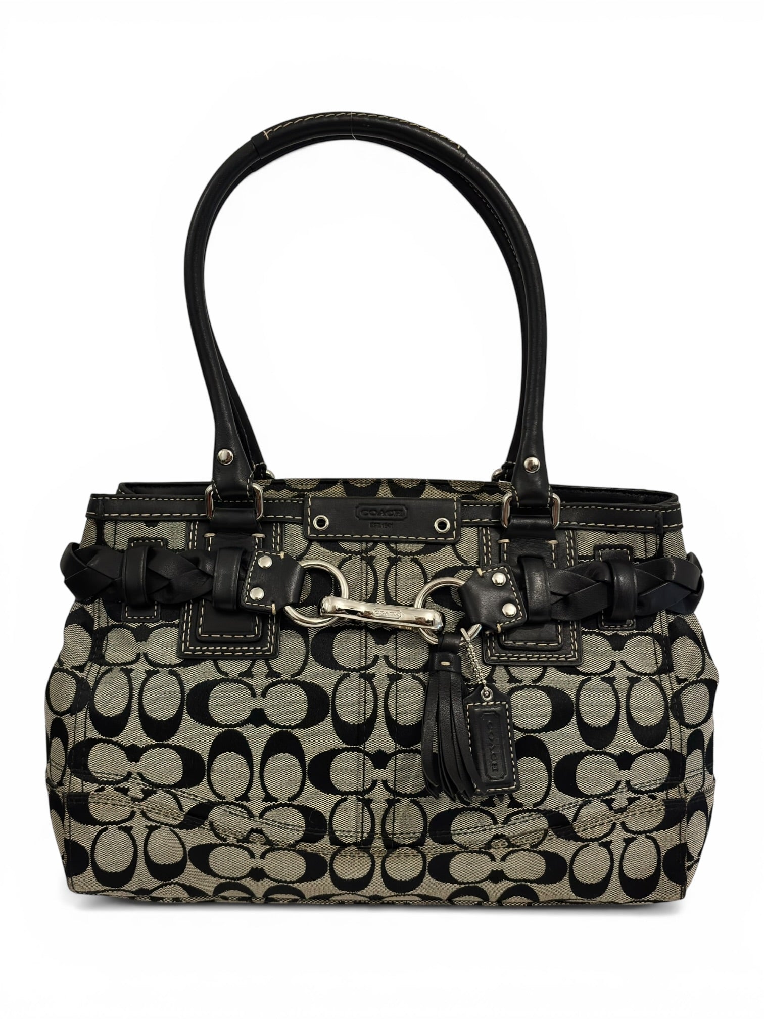 Coach Black & Grey Hampton Clip Braided Vintage Canvas & Leather Tote Shoulder Bag