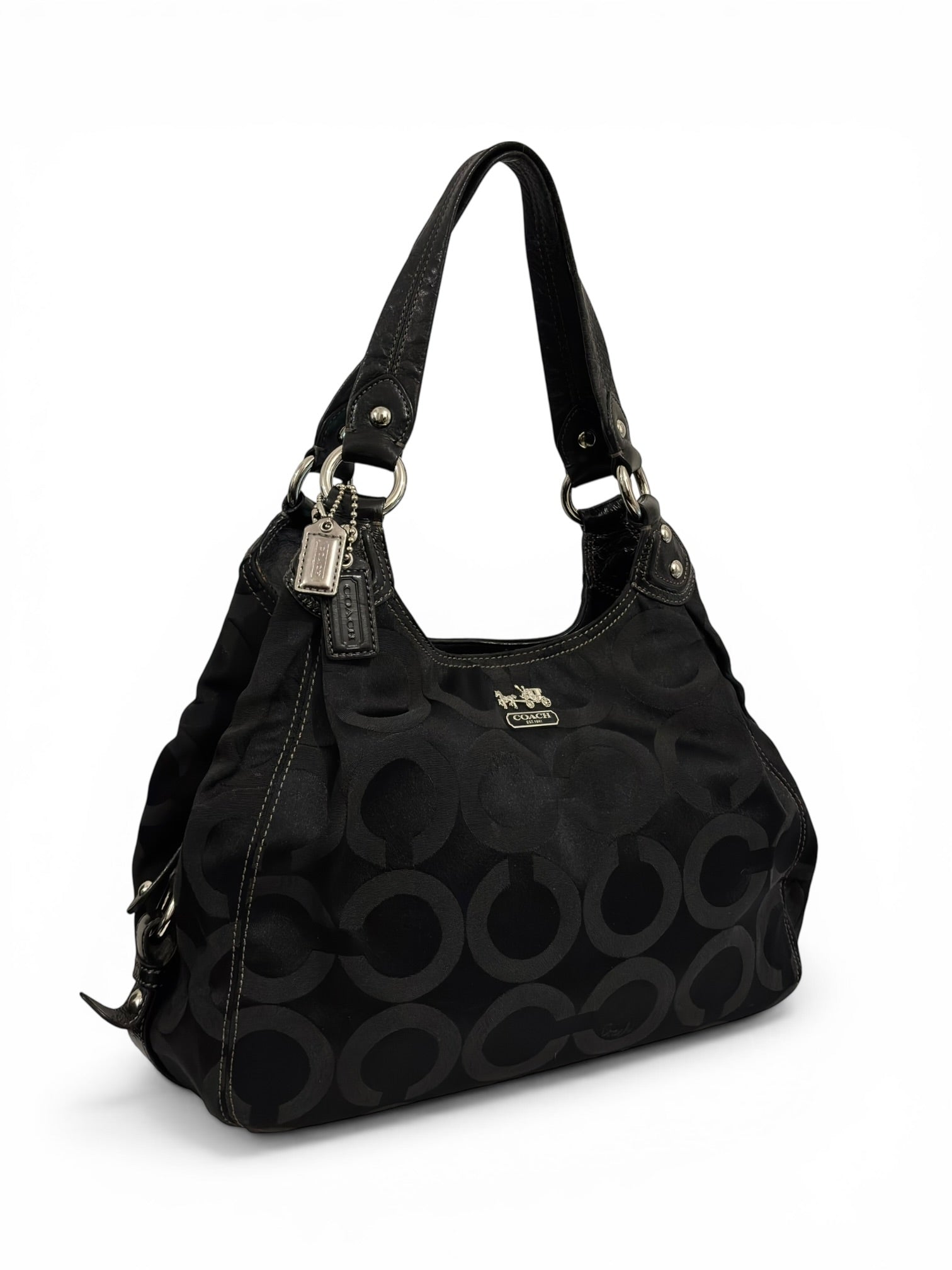 Coach Black Madison Maggie OP Art Canvas Satin & Leather Signature Shoulder Bag