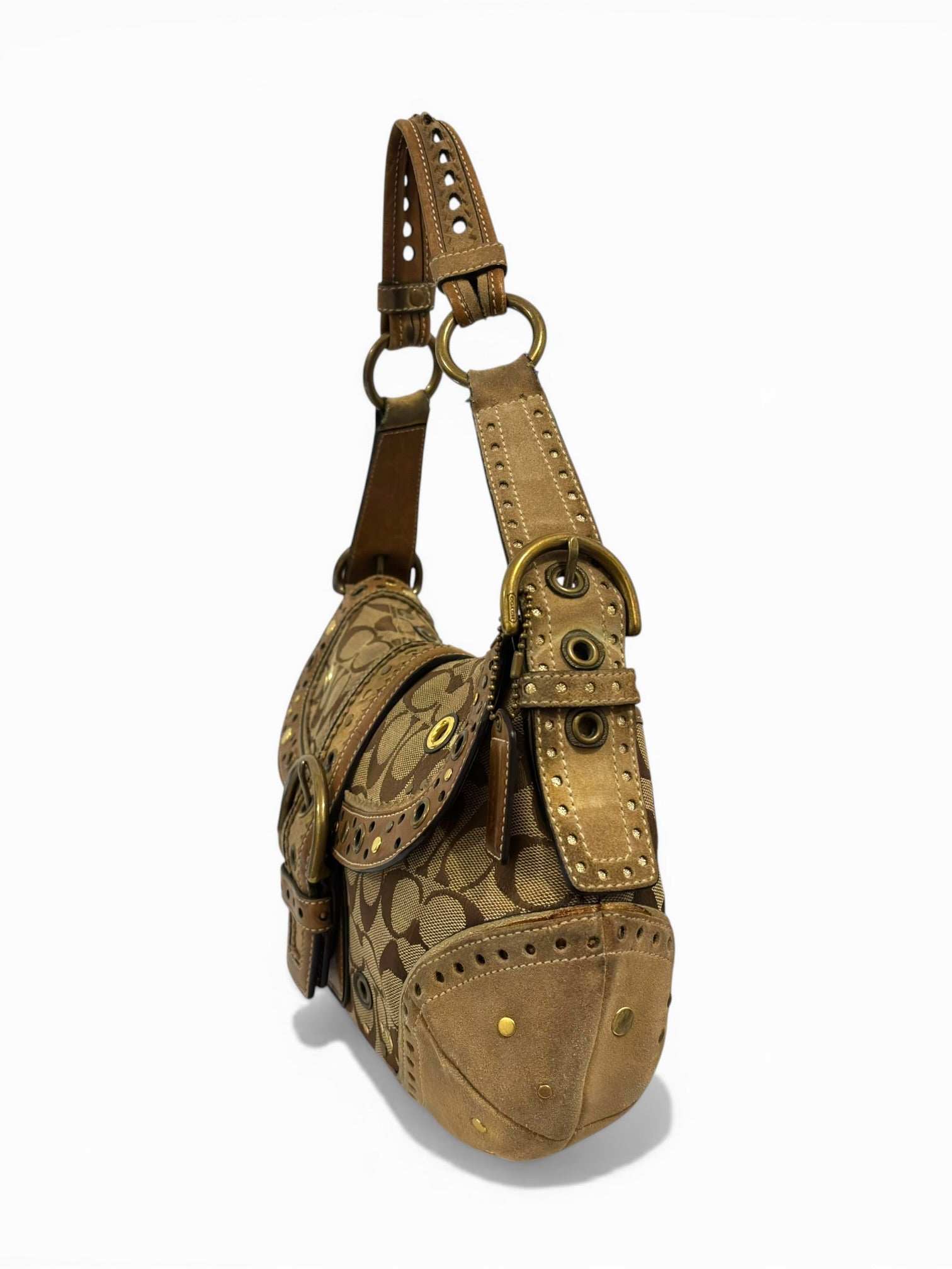 Coach Rare Soho Brown Beige Signature Studded Suede & Leather Rivet Hobo Shoulder Bag