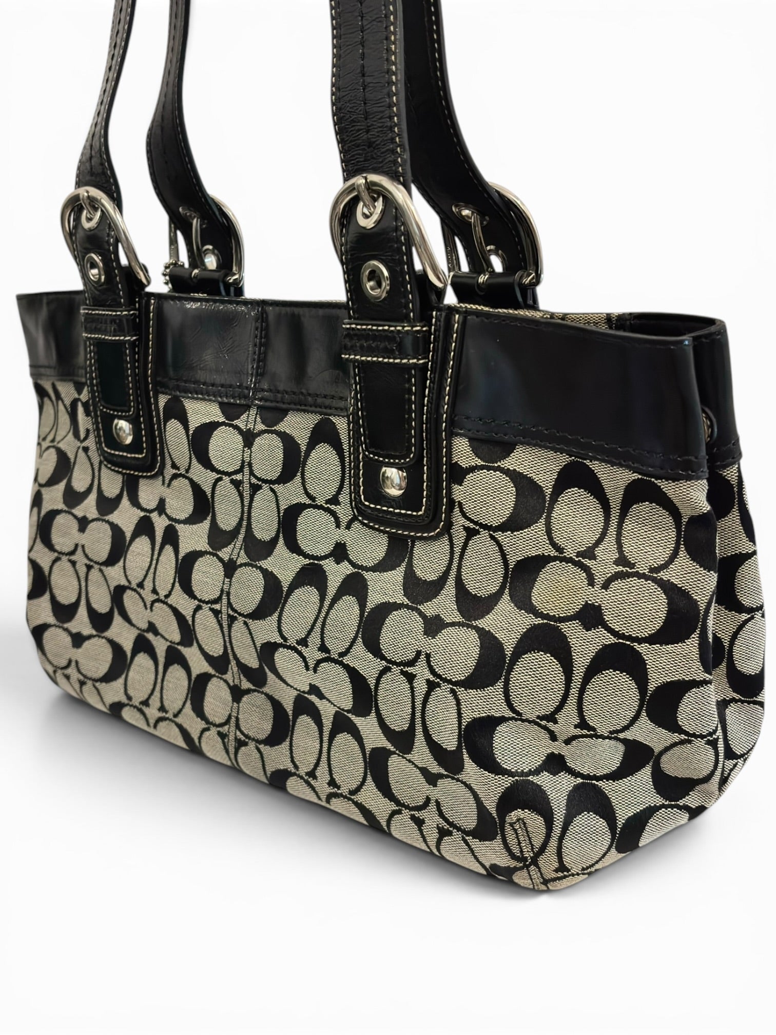 Coach Black & grey Soho Signature Pleated Canvas & Patent Leather Vintage Tote Shoulder Bag