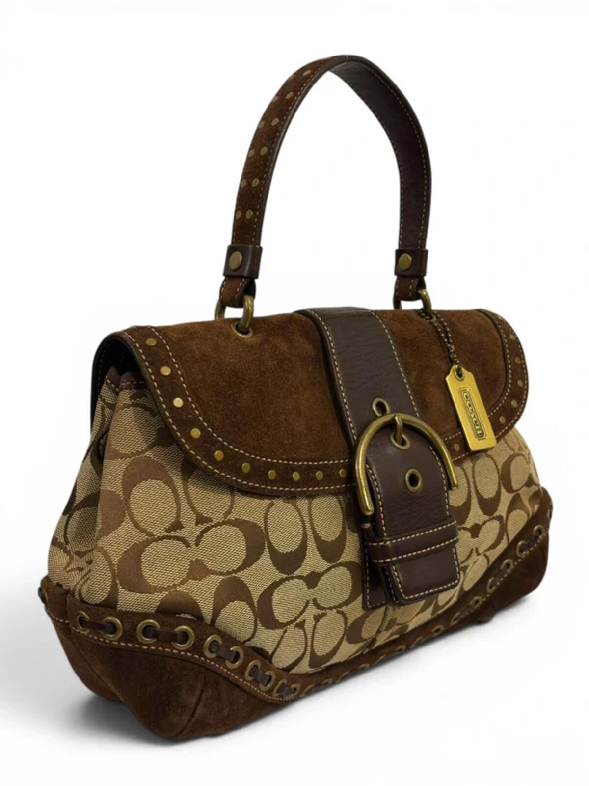 Coach Signature Soho Brown Canvas & Suede Buckle Studded Handbag D04J-7059