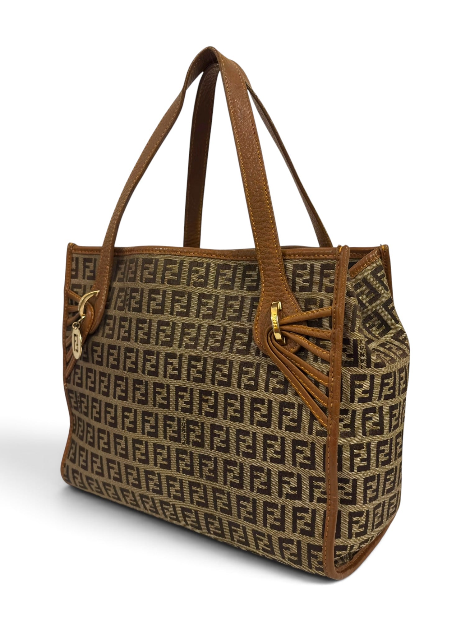 Vintage Fendi Zucchino Bag FF Canvas Tote Brown Leather Trim Shoulder Handbag