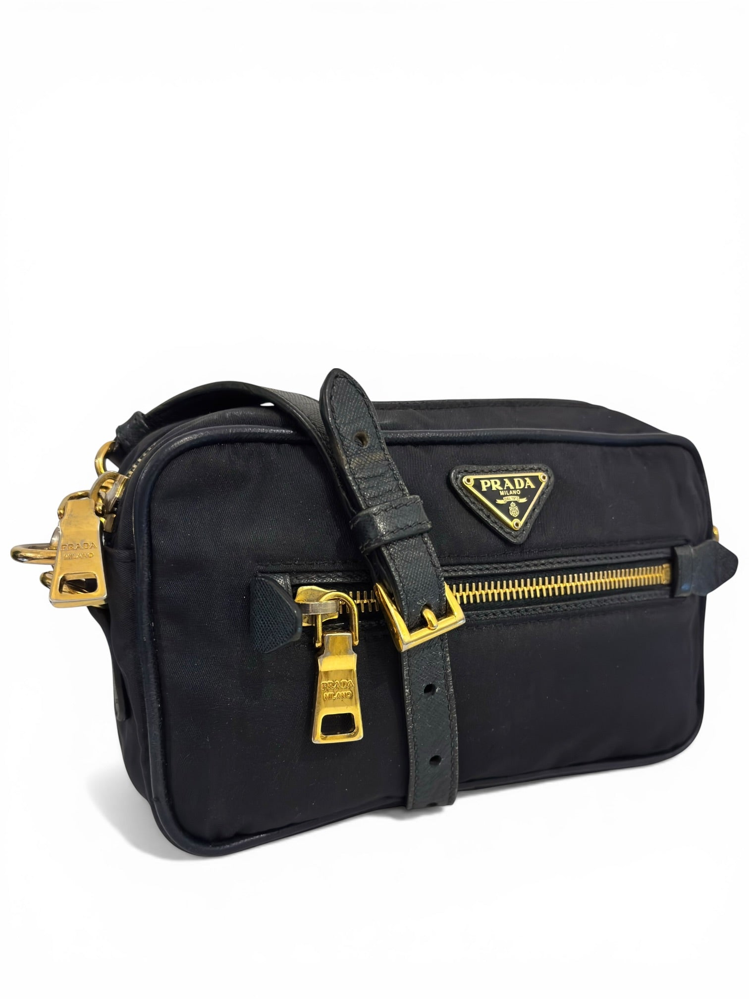 Prada Tessuto Navy Blue Nylon & Saffiano Leather Front Pocket Vintage Crossbody Camera Bag