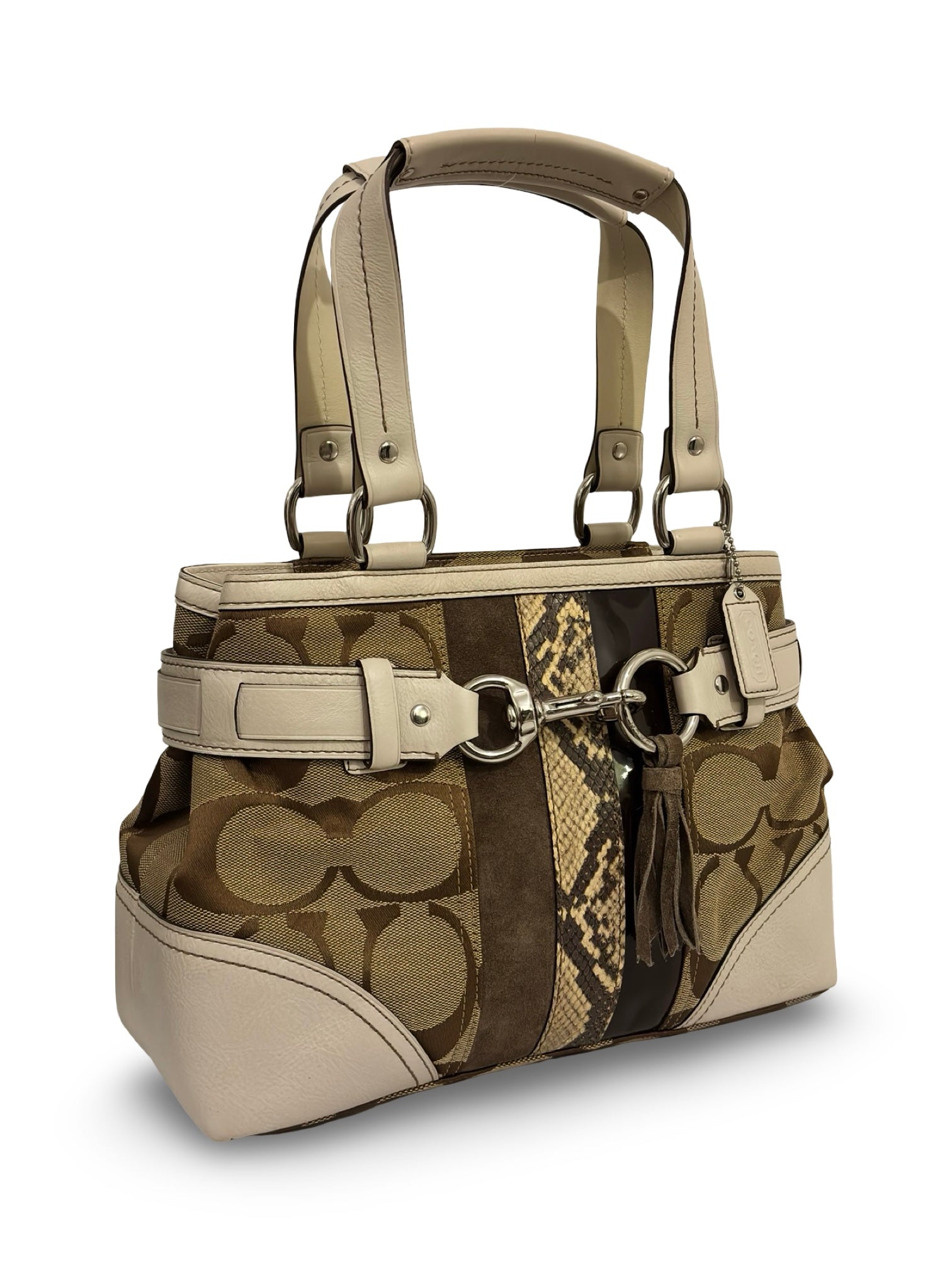 Coach Hampton Brown / White Canvas & Leather Signature Python Tassle Vintage Tote Shoulder Bag