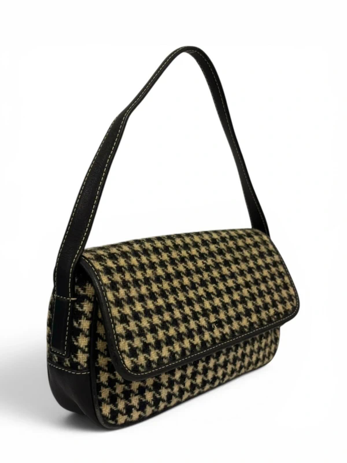Coach Black & Beige Demi Houndstooth Wool Tweed & Leather Vintage Shoulder Bag