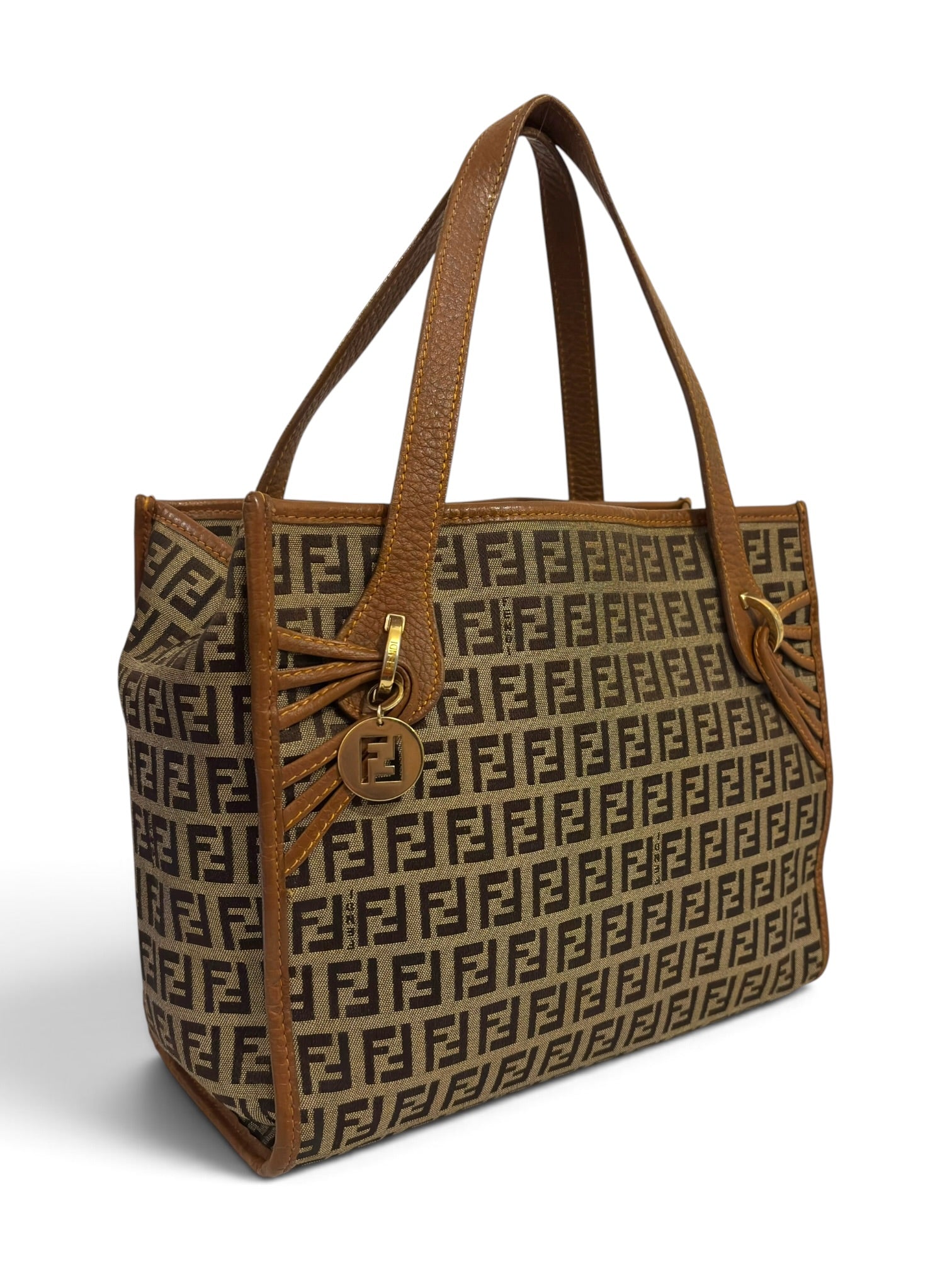 Vintage Fendi Zucchino Bag FF Canvas Tote Brown Leather Trim Shoulder Handbag