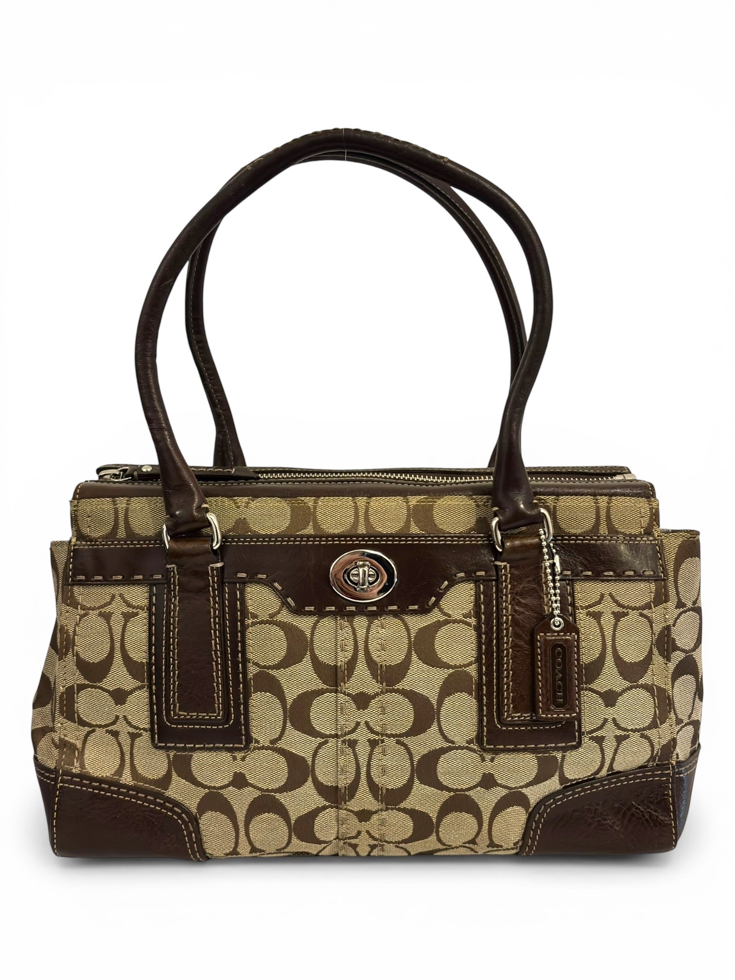 Coach Brown Signature Hamptons Turnlock Canvas & Leather Vintage Tote Shoulder Bag