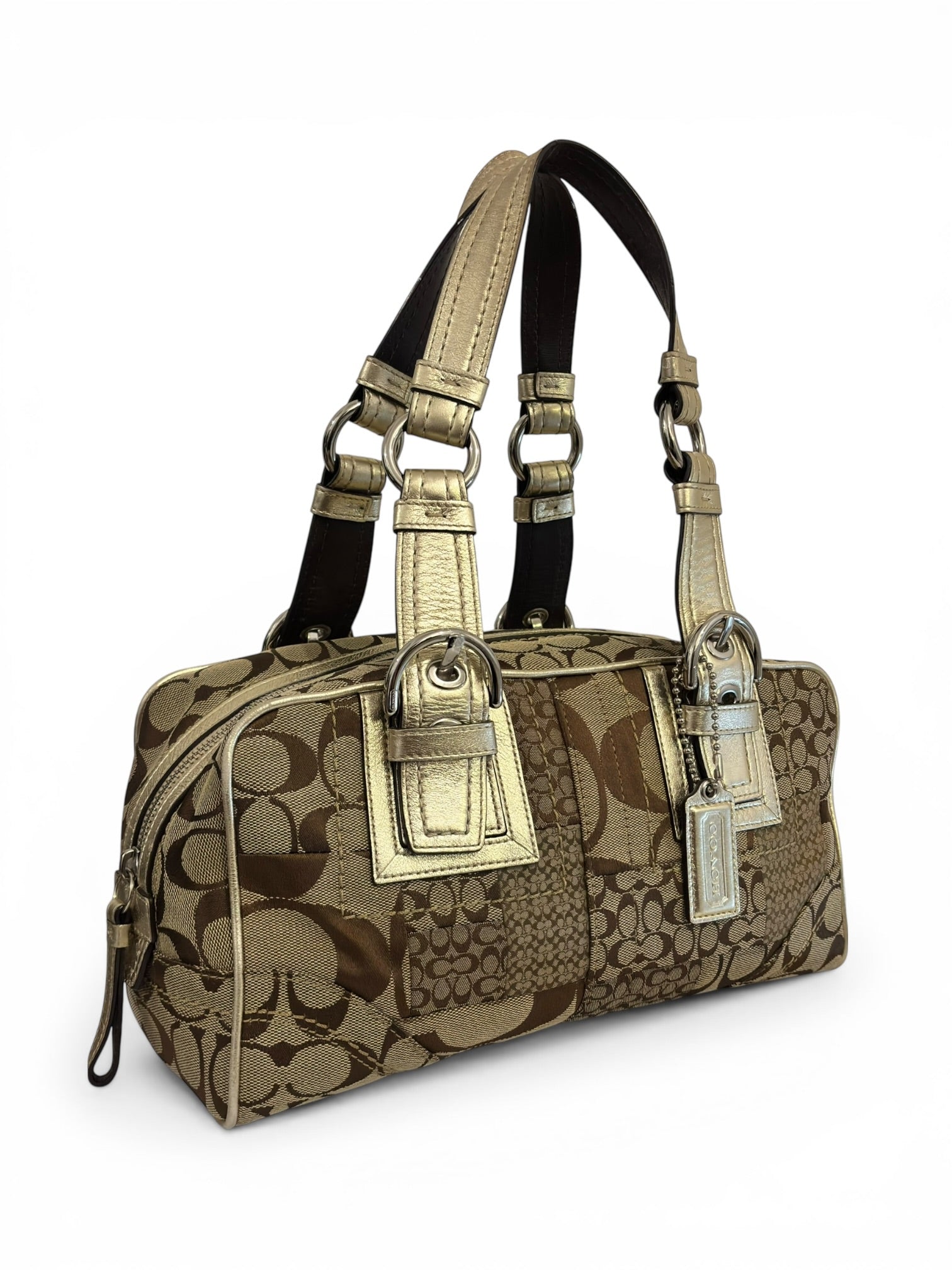 Coach Patchwork Brown & Gold Canvas Metallic Leather Boston Shoulder Bag