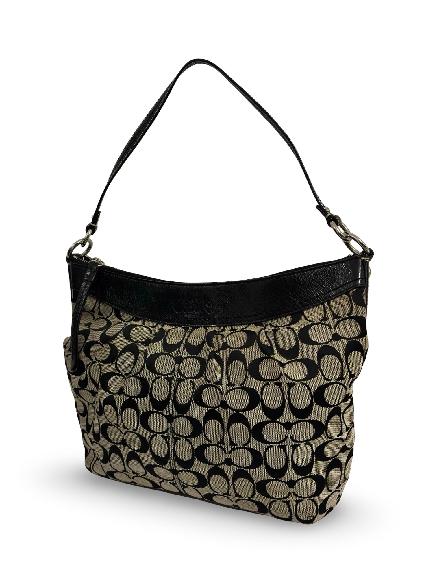 Coach Black & Grey Signature Canvas & Patent Leather Vintage Shoulder Bag