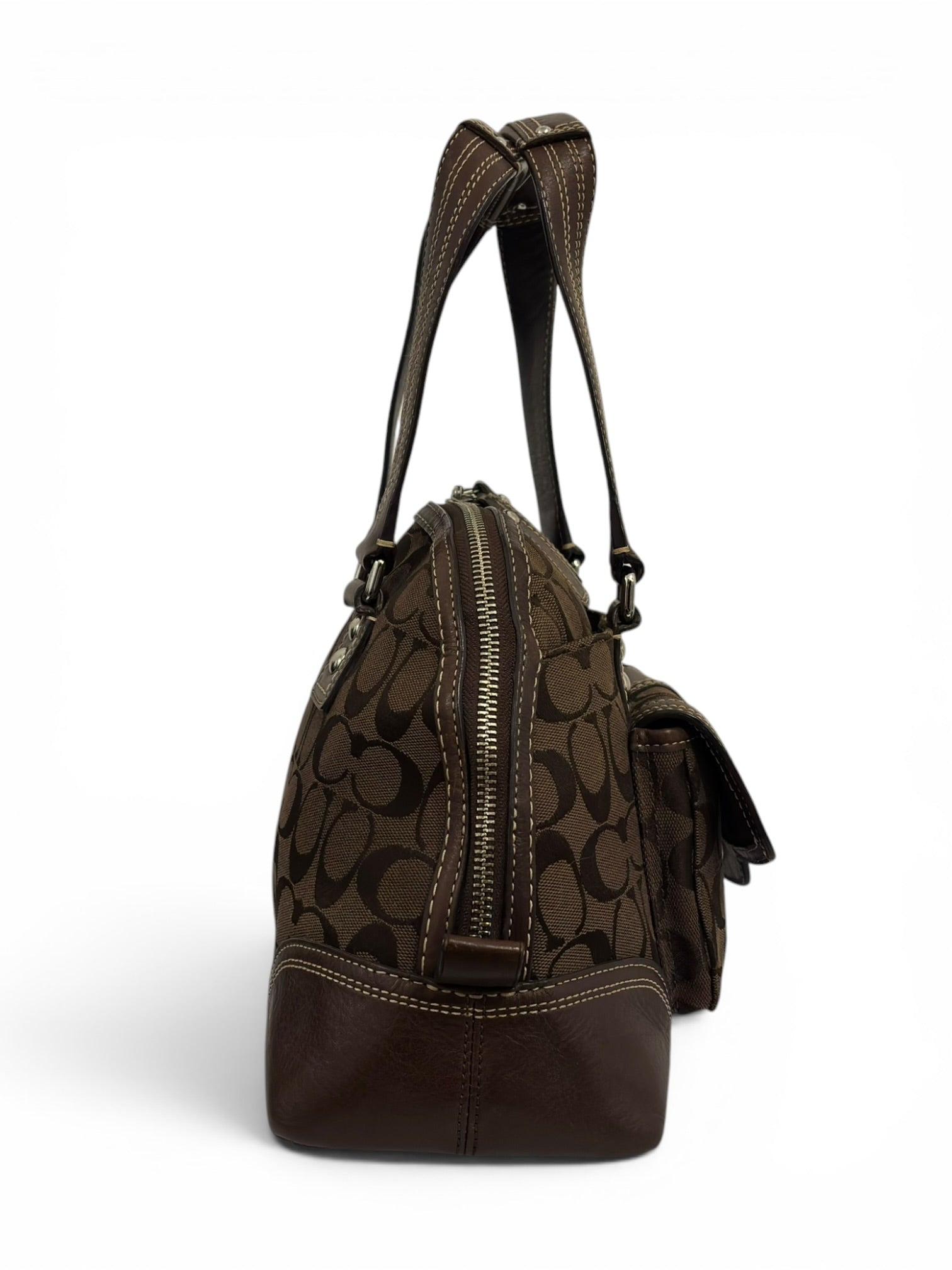 Coach Dark Brown Chocolate Signature Hamptons
Canvas & Leather Dome Shoulder Bag