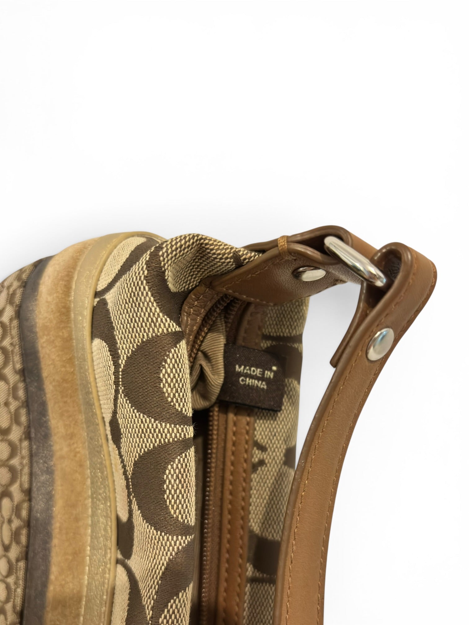 Coach Rare Mini Signature Striped Patchwork Tan Brown Beige Canvas Leather & Suede Vintage
Handbag