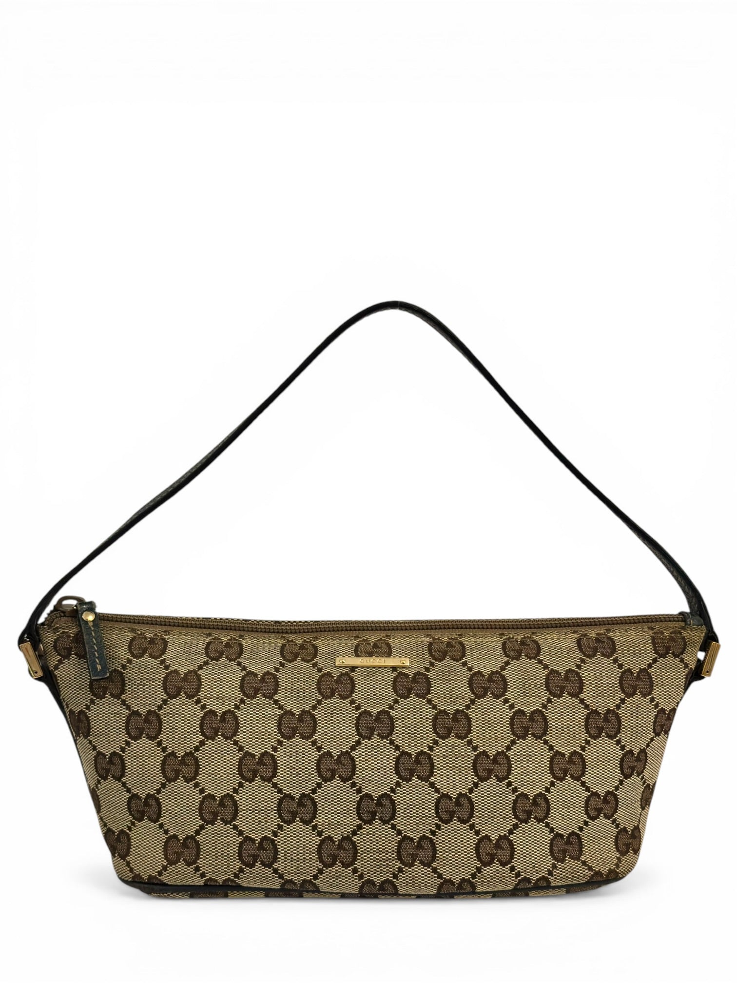 Gucci Brown Beige Canvas & Dark Blue Leather Pochette Boat Shoulder Bag