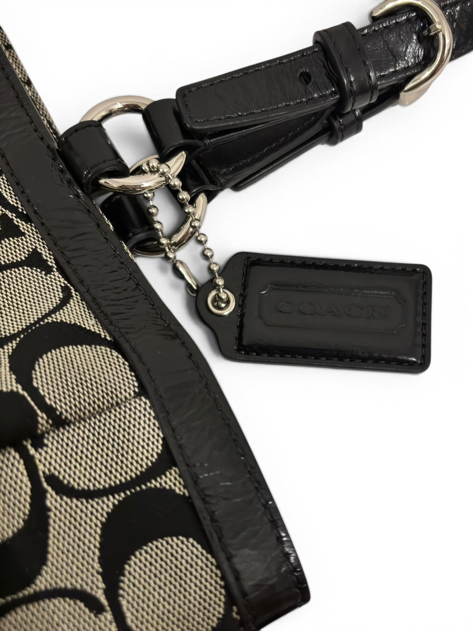 Coach Signature Black & Grey / Khaki Gallery East West Pleated Tote Shoulder Bag