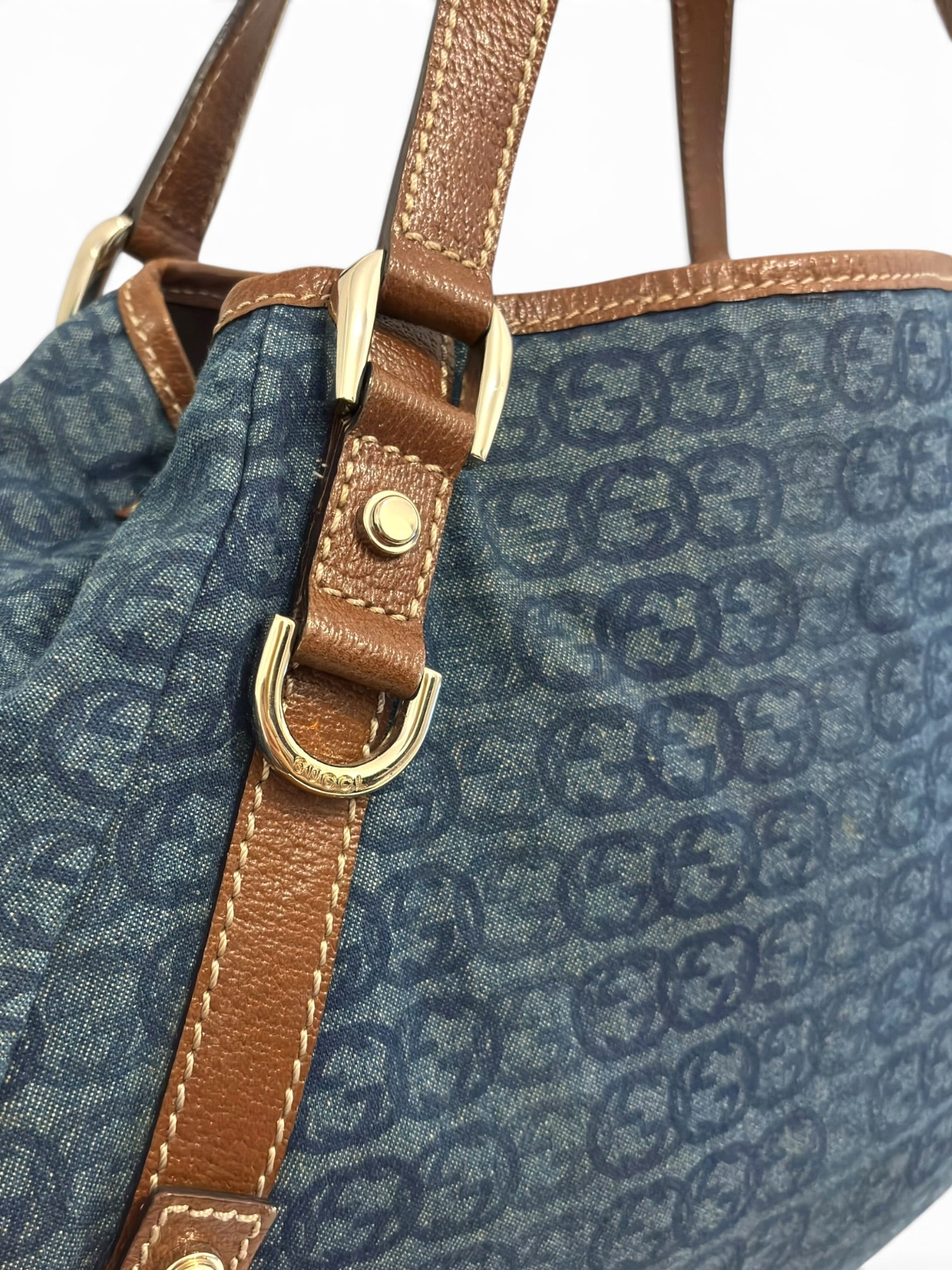 Gucci Denim Blue Abbey Interlocking G Signature Canvas & Brown Leather Tote Shoulder Bag