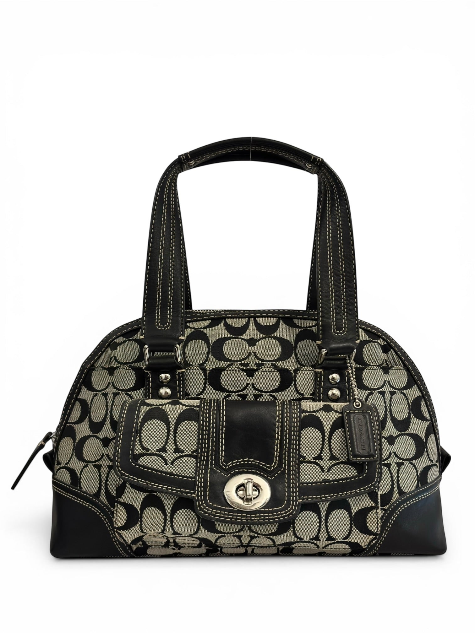Coach Hampton Black & Grey Signature Turnlock Vintage Dome Shoulder Bag
