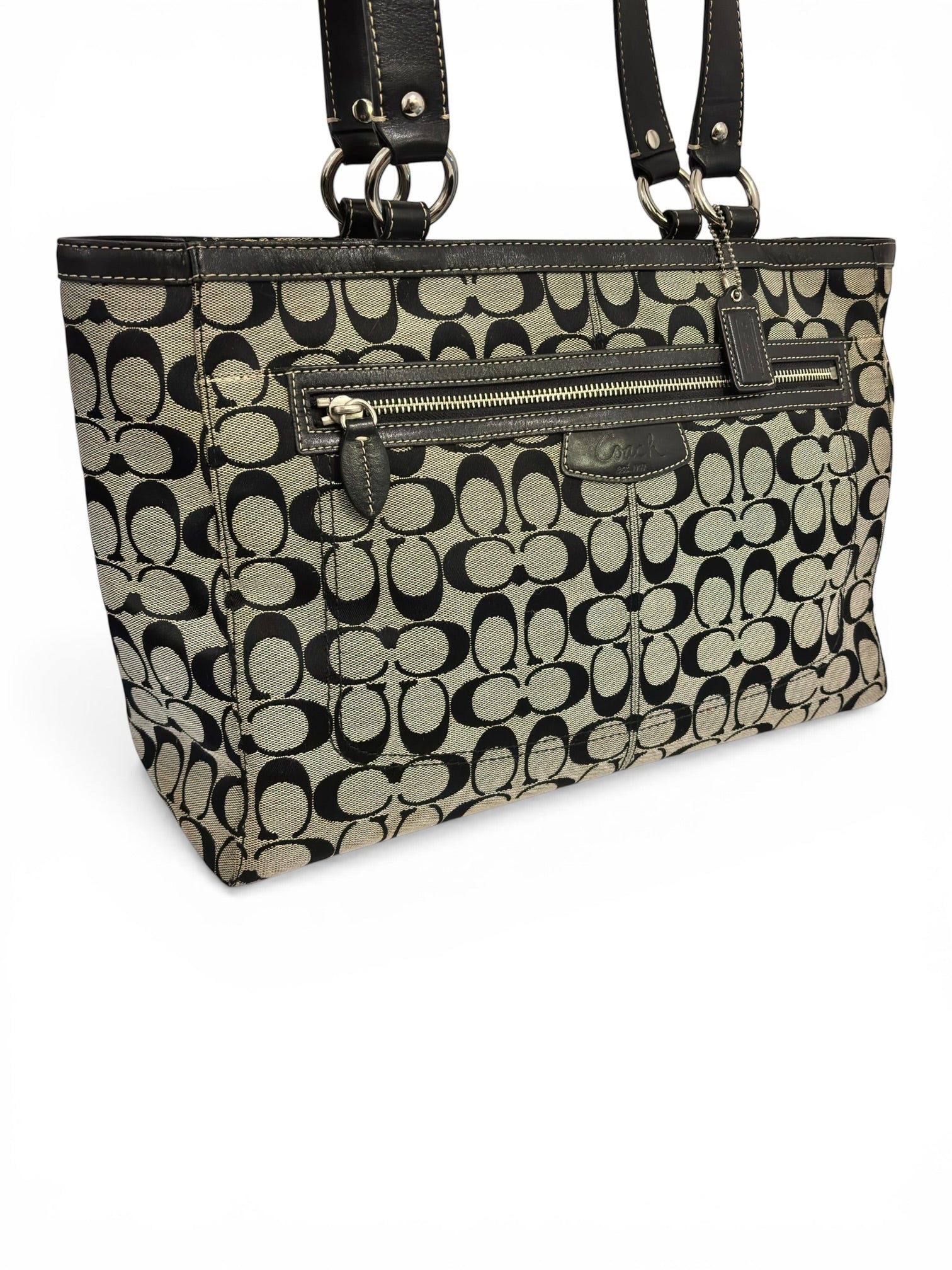 Coach XXL 'Penelope' Black & Grey Signature Canvas & Leather Vintage Tote Shoulder Bag