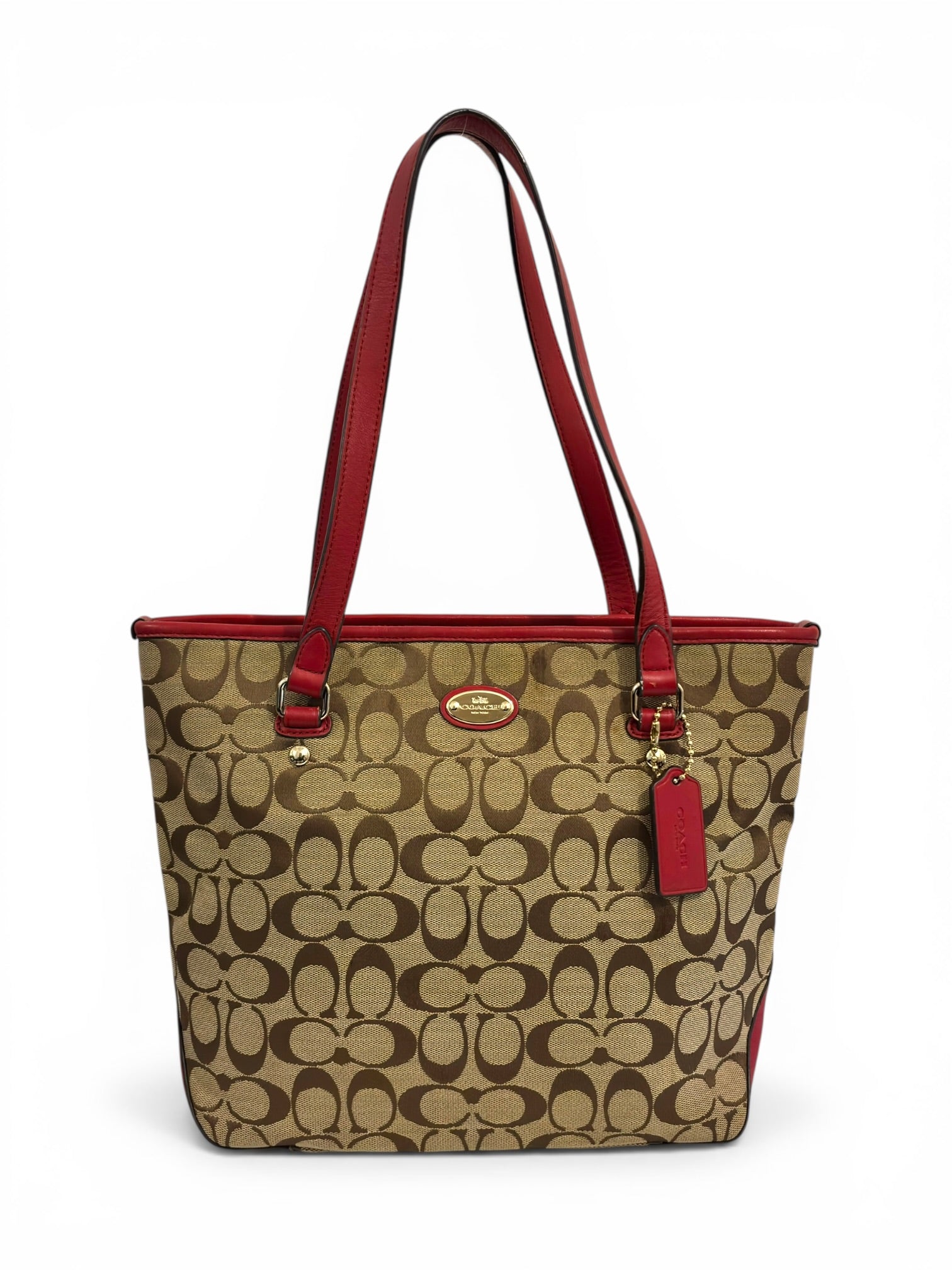 Coach Brown Khaki & Red Signature Monogram Canvas & Leather Tote Vintage Shoulder Bag