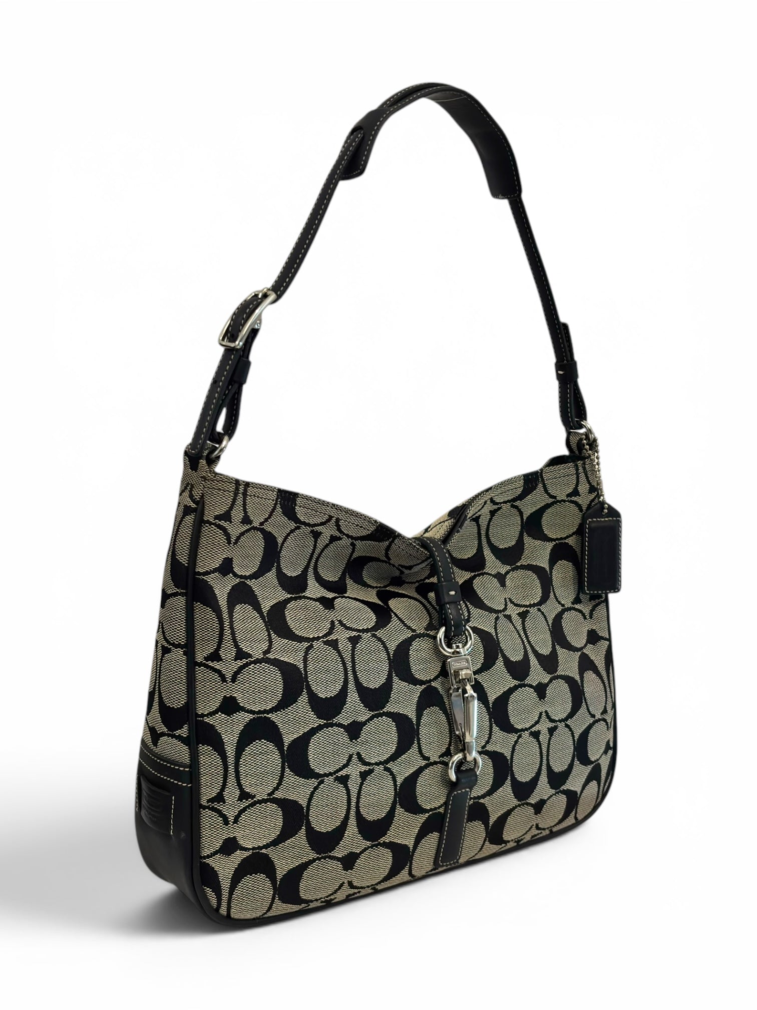 Coach Hampton Signature Clip Grey & Black Canvas
& Leather Hobo Vintage Shoulder Bag