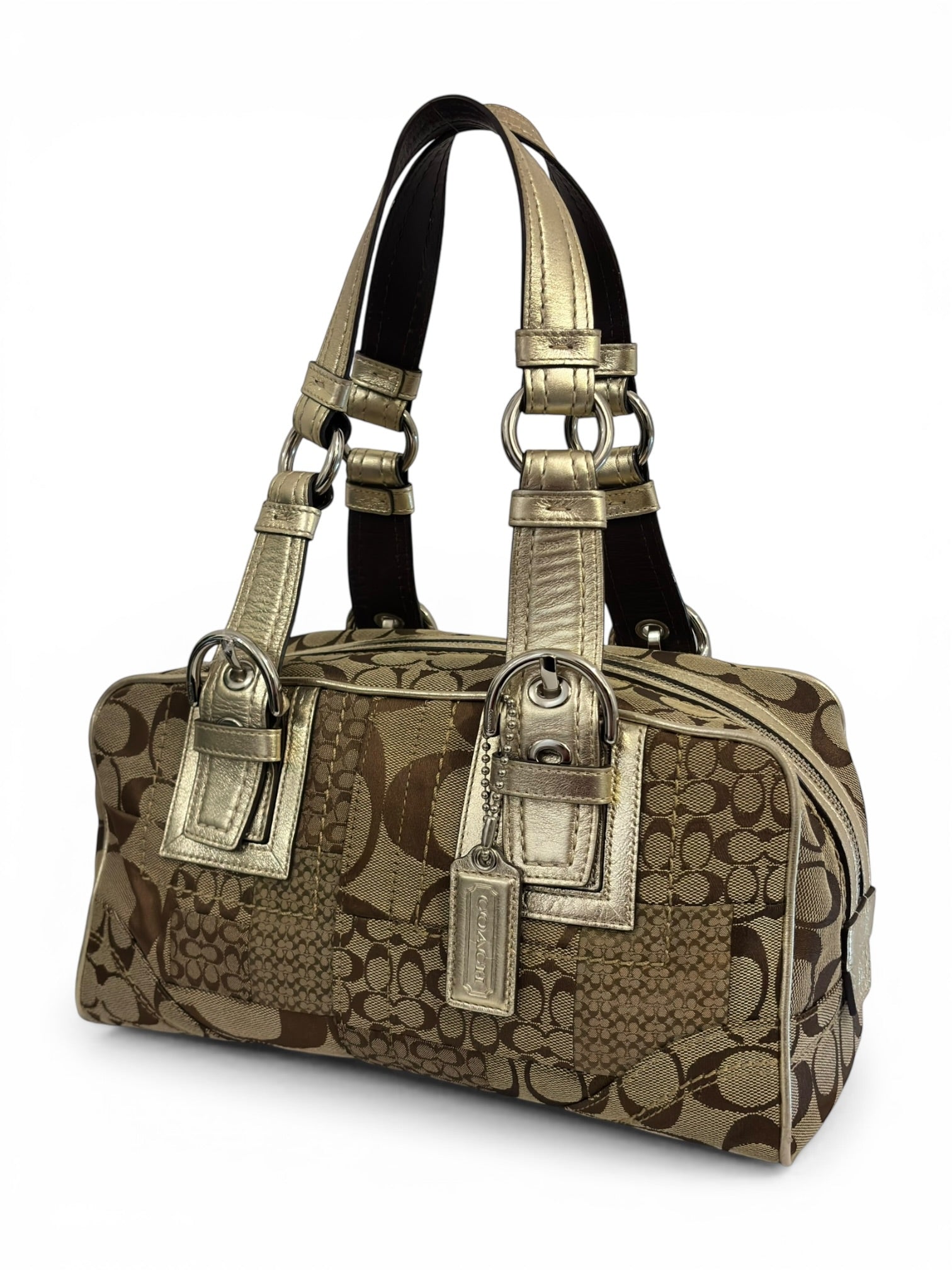 Coach Patchwork Brown & Gold Canvas Metallic Leather Boston Shoulder Bag