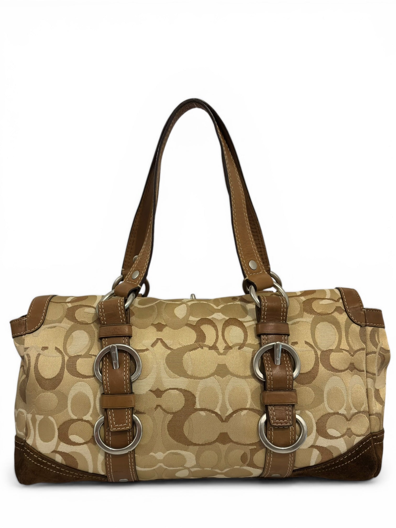 Coach Rare Chelsea Beige & Brown Signature Satin Suede Leather Turnlock Optic Shoulder Bag