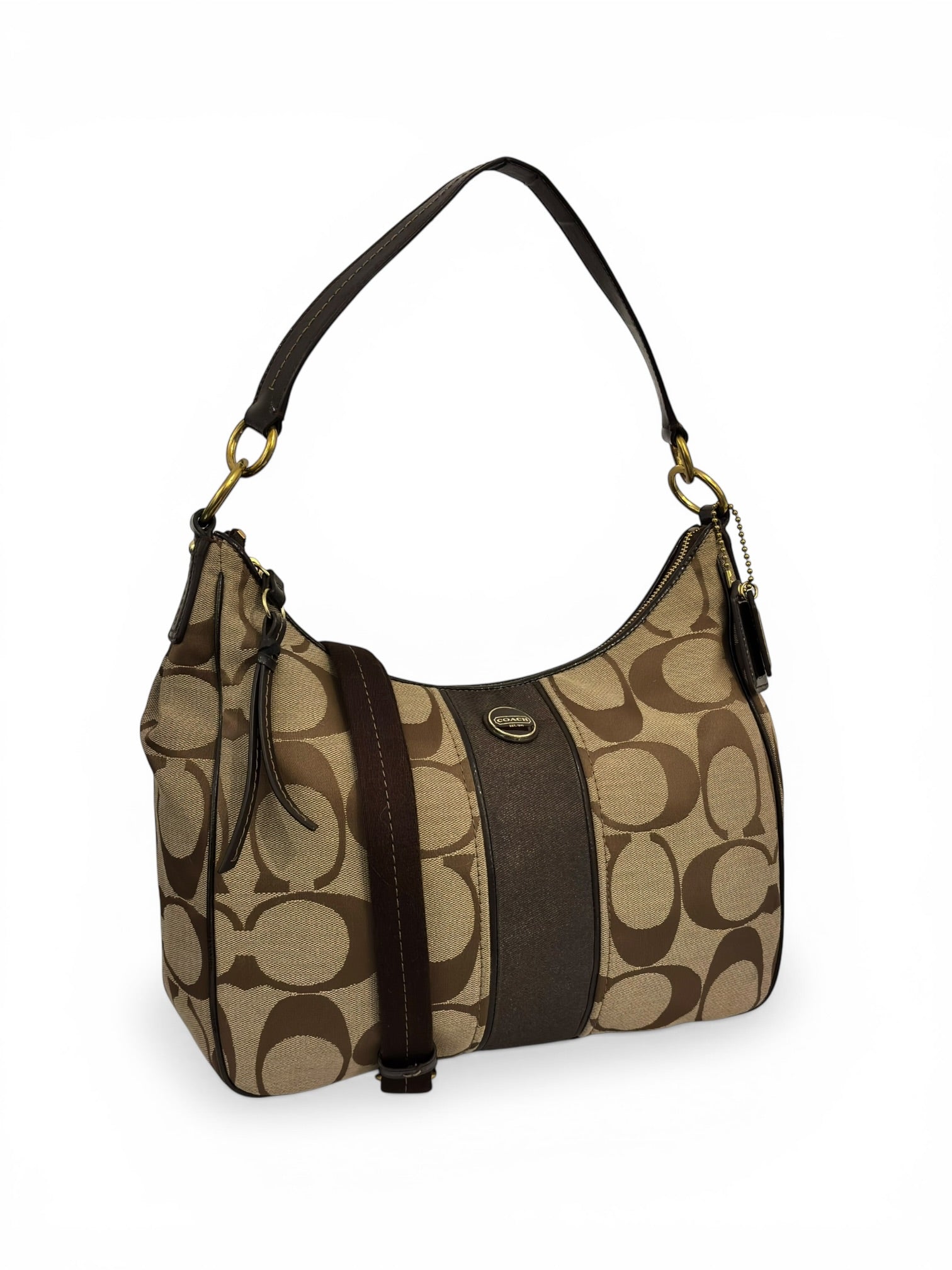 Coach Brown Beige Signature Stripe Canvas & Patent Leather Vintage 2000's Shoulder Bag