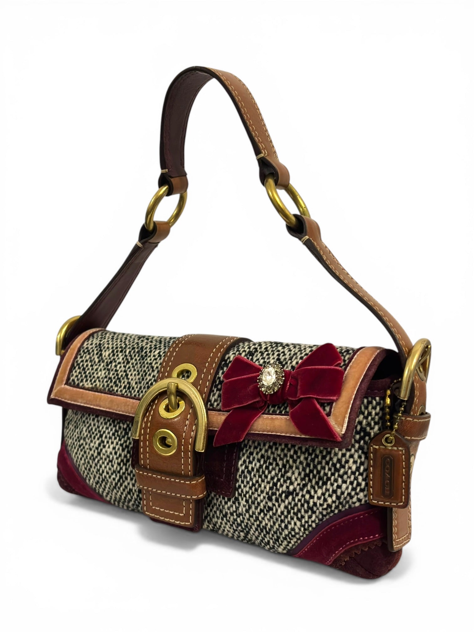 Coach Rare Soho Demi Grey Tweed Brown Leather & Burgundy Suede Shoulder Bag