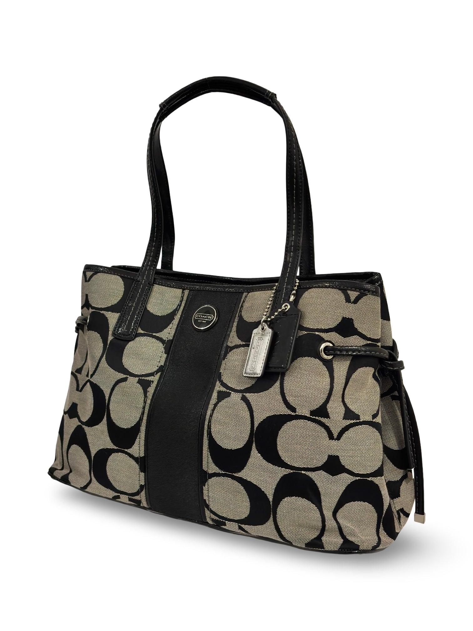 Coach Black Signature Stripe Black & Grey Canvas & Patent Leather Vintage Shoulder Bag