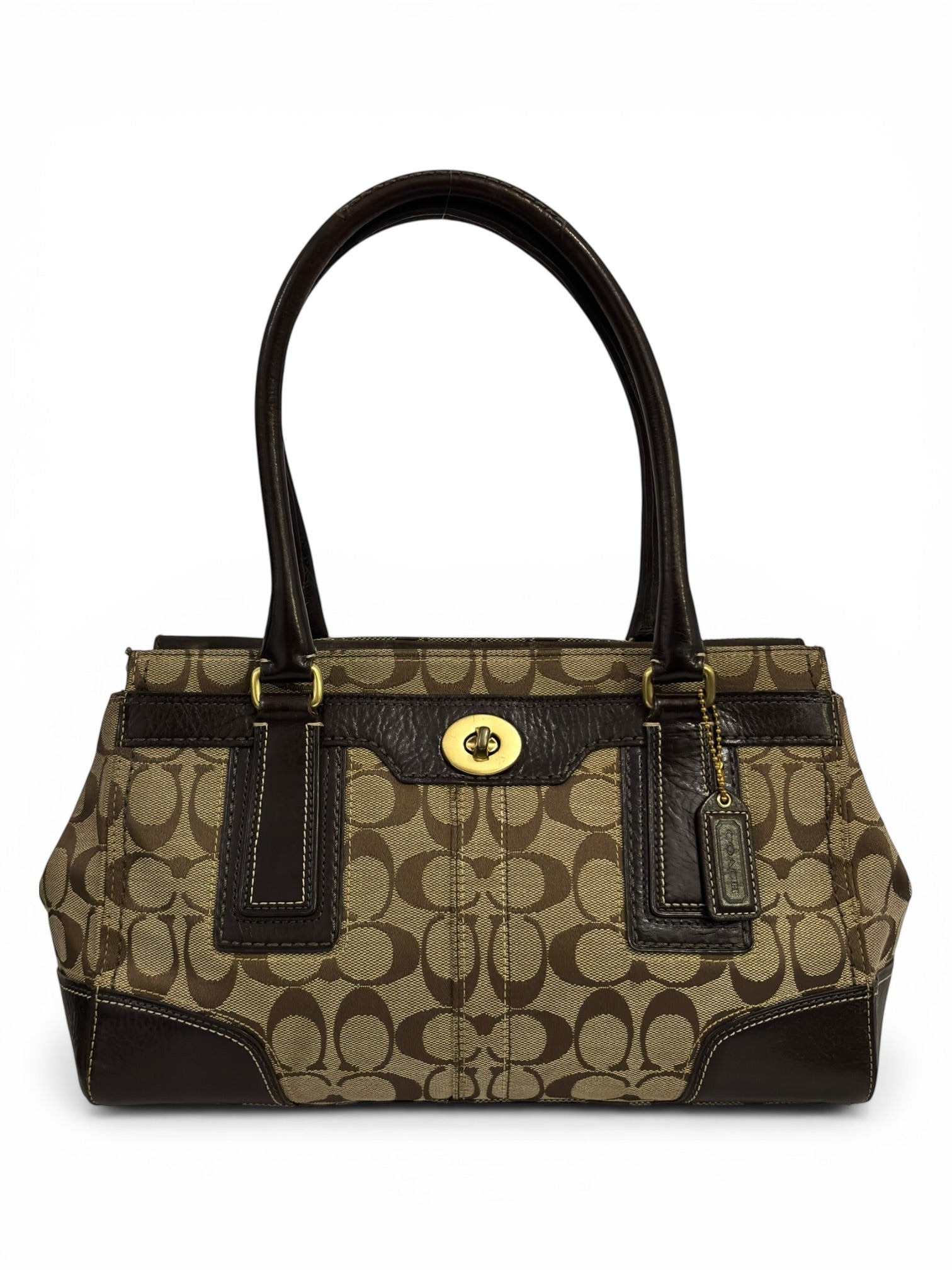 Coach Hamptons Brown Signature Turnlock Canvas & Leather Vintage Tote Shoulder Bag