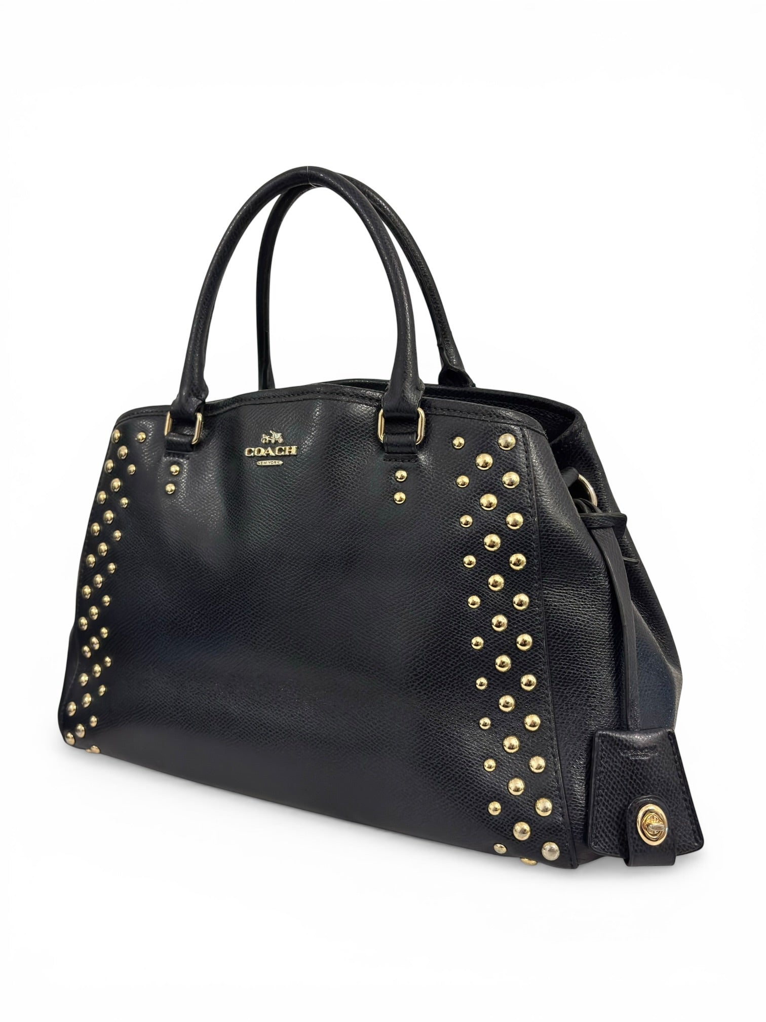 Coach Midnight Navy Blue Margo Saffiano Leather Gold Studded Tote Handbag