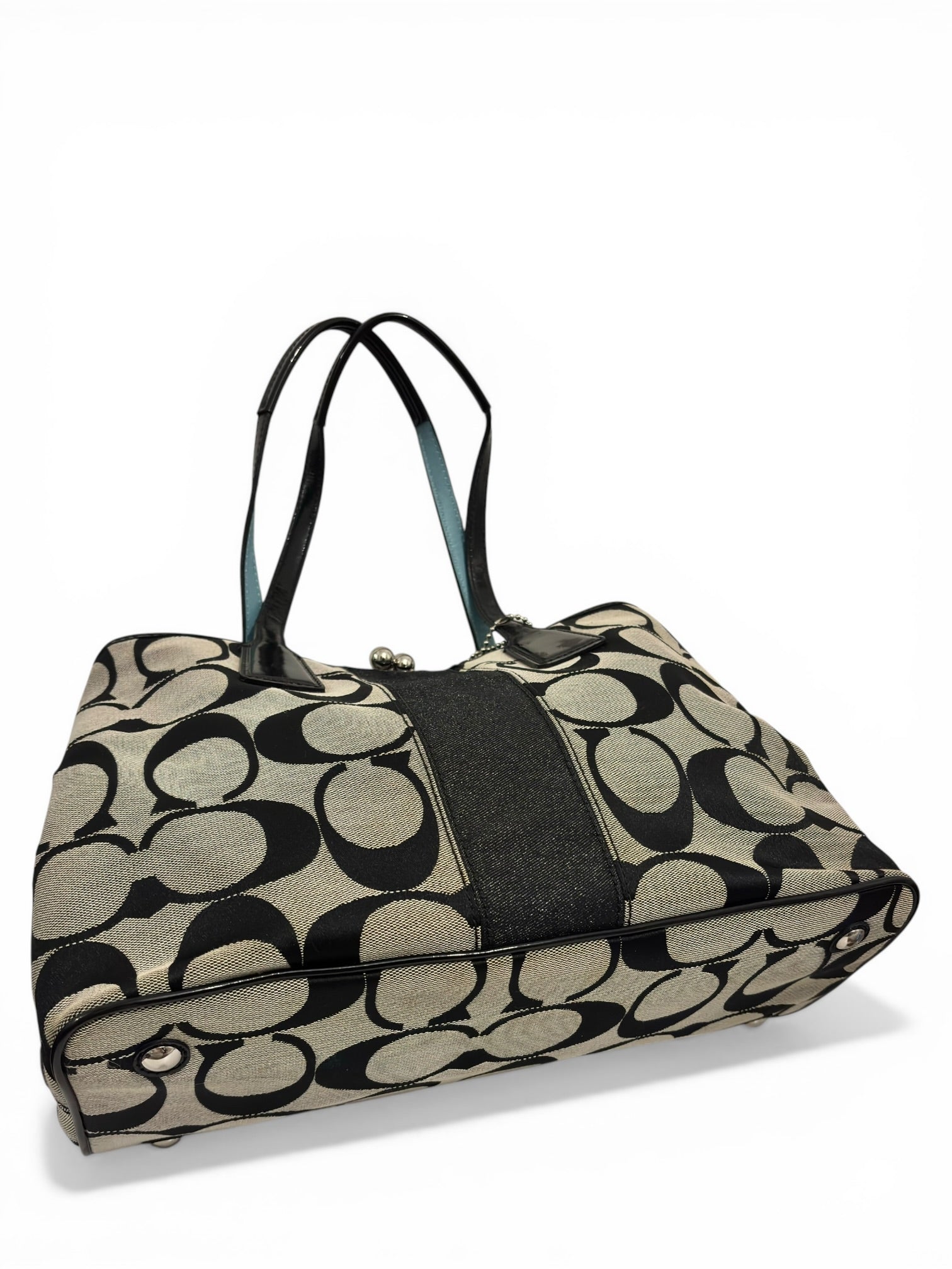 Coach Signature Stripe Black & Grey Canvas / Leather Kisslock Vintage Tote Shoulder Bag