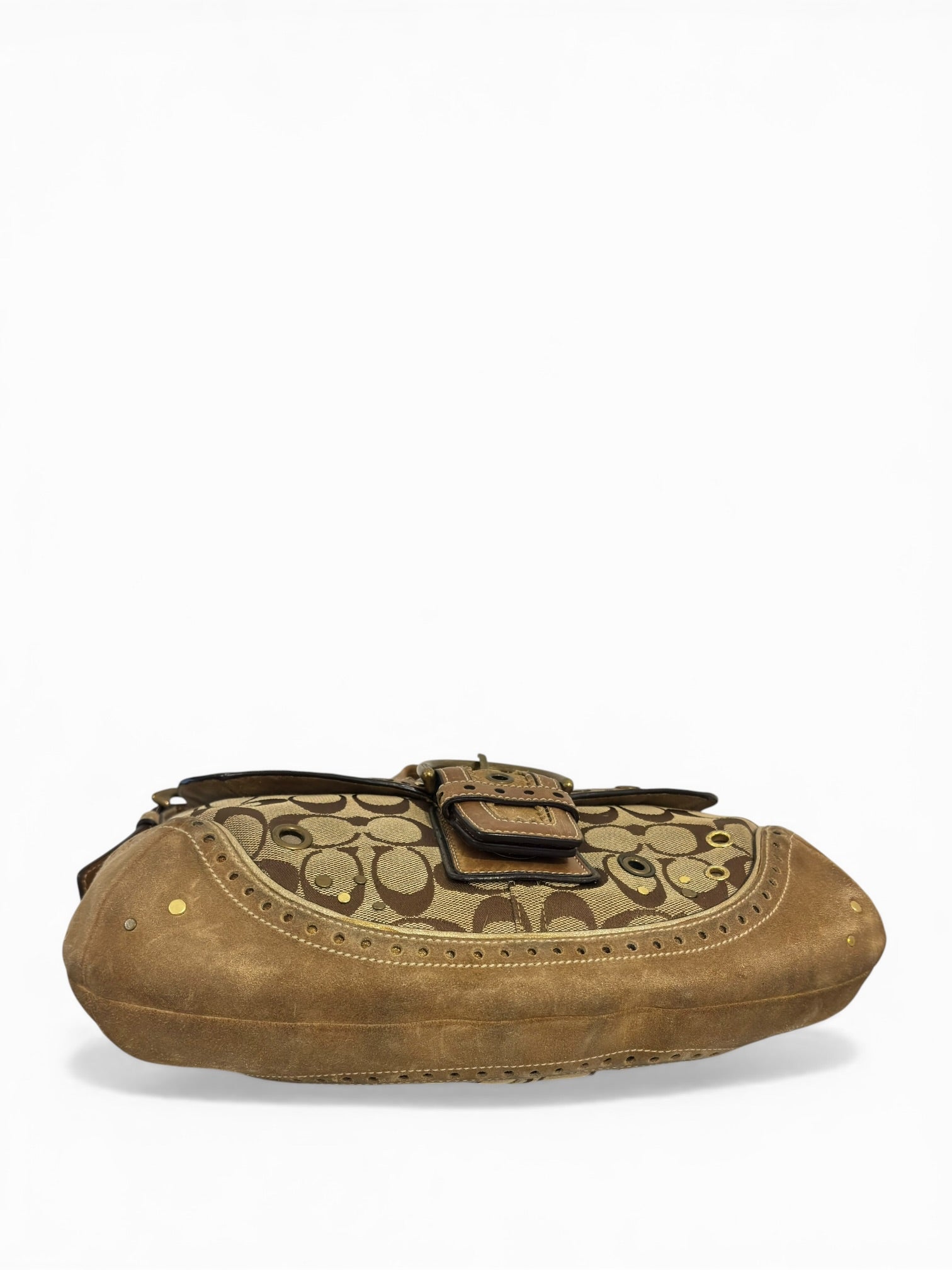 Coach Rare Soho Brown Beige Signature Studded Suede & Leather Rivet Hobo Shoulder Bag