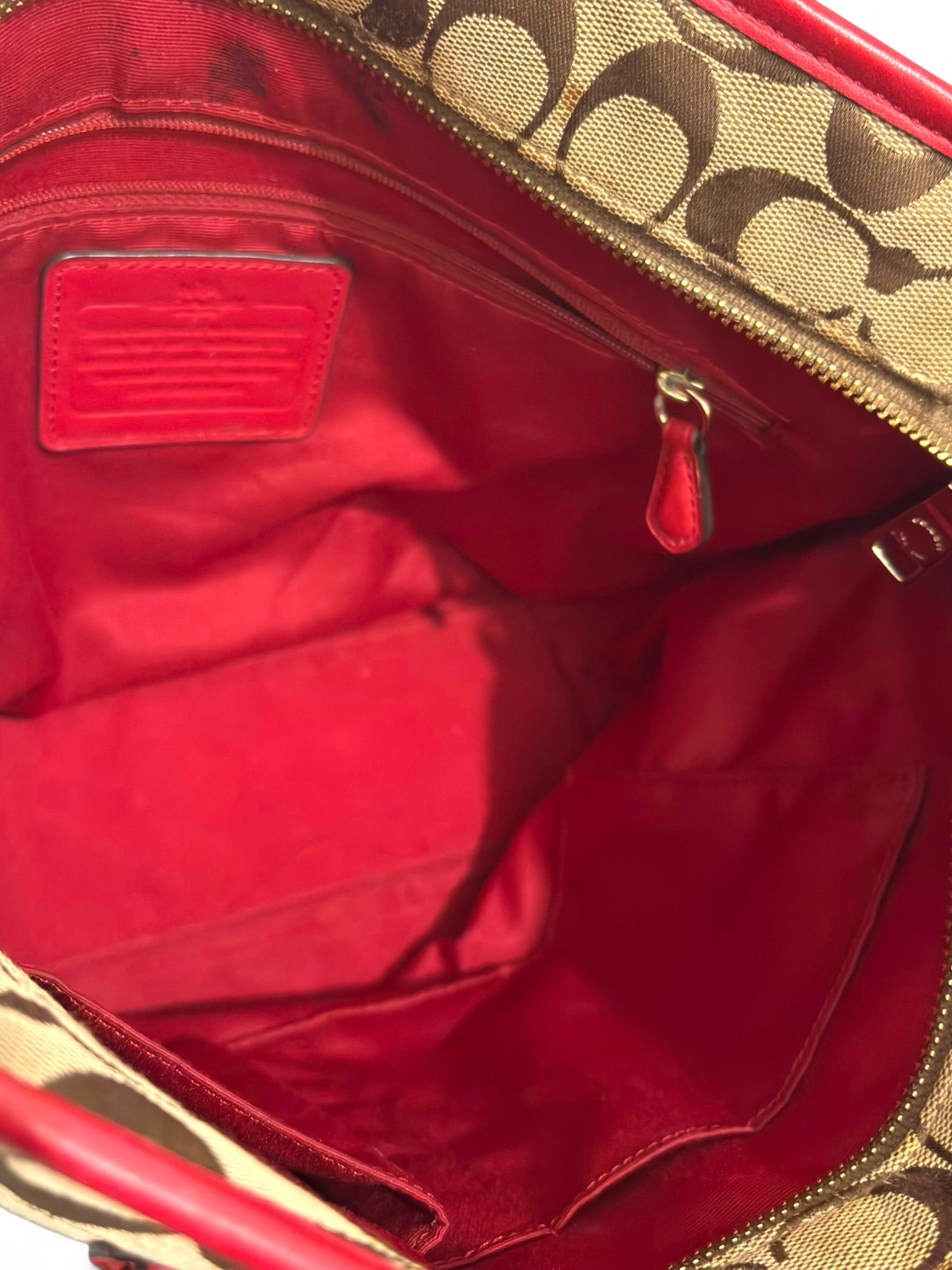 Coach Brown Khaki & Red Signature Monogram Canvas & Leather Tote Vintage Shoulder Bag