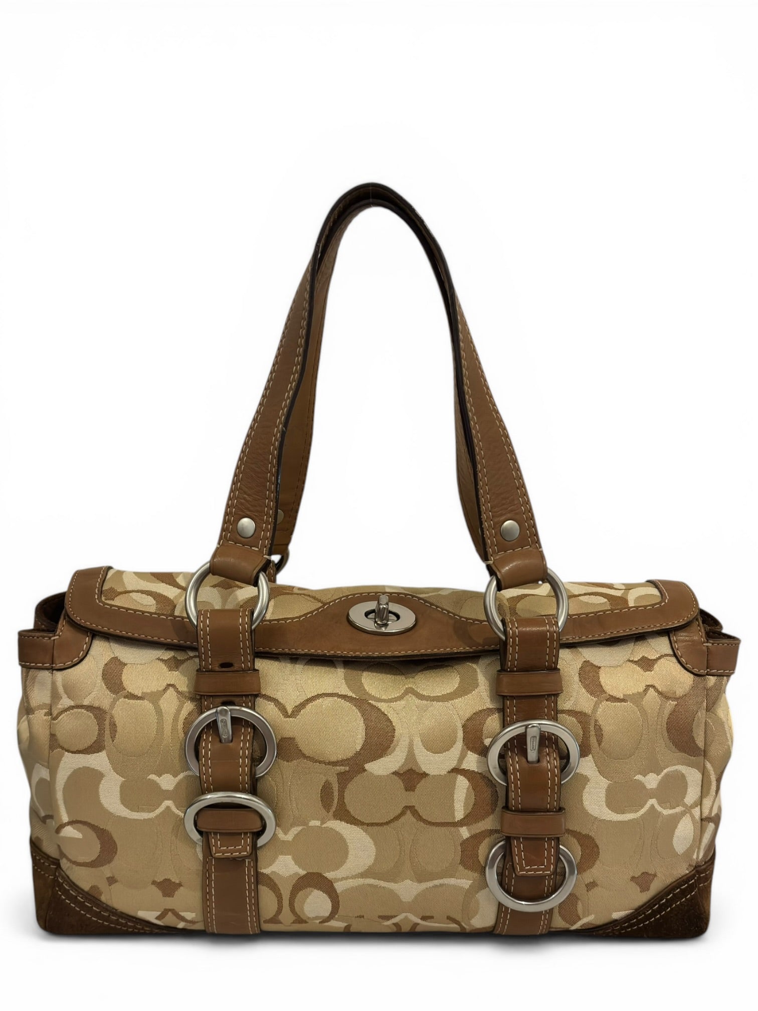 Coach Rare Chelsea Beige & Brown Signature Satin Suede Leather Turnlock Optic Shoulder Bag