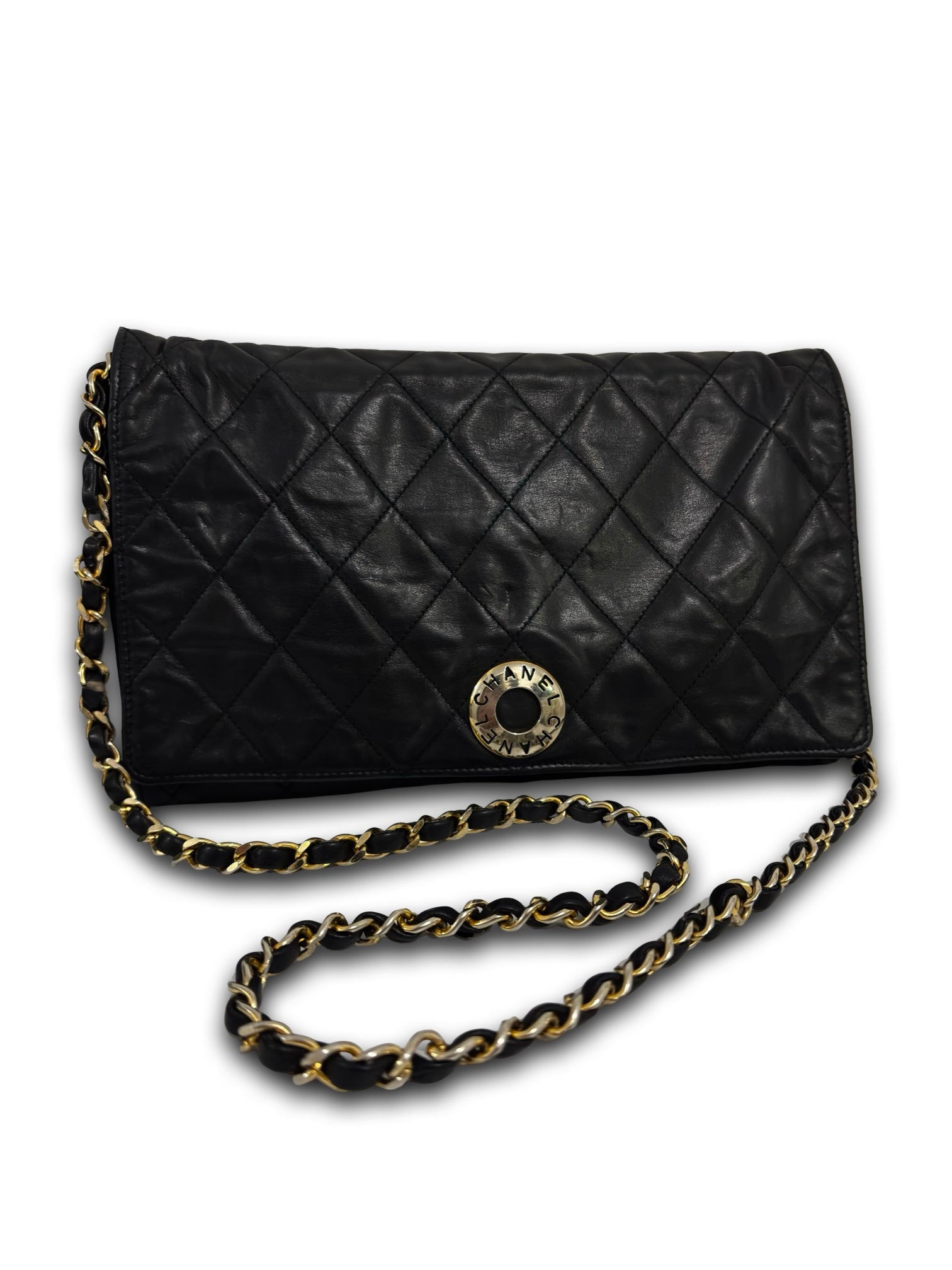 Chanel Black Quilted Vintage Matelasse Lambskin Leather Gold Chain Shoulder Bag